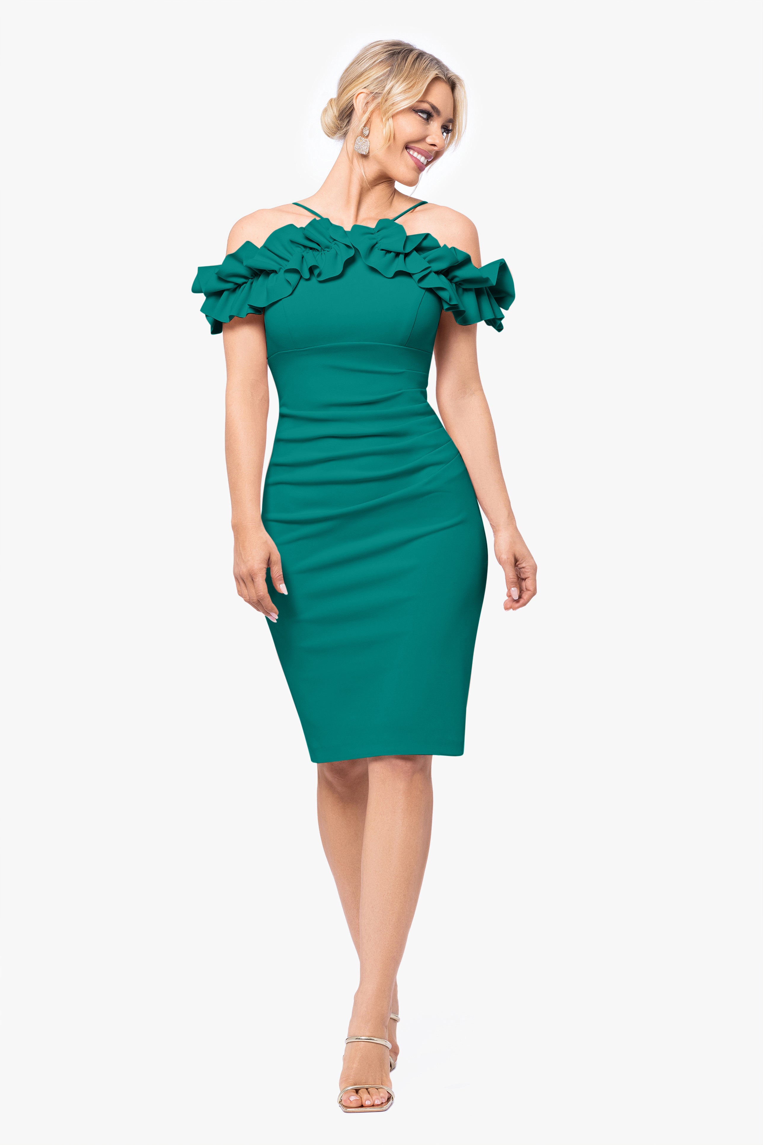 "Tyler" Short Scuba Crepe Off the Shoulder Ruffle Dress