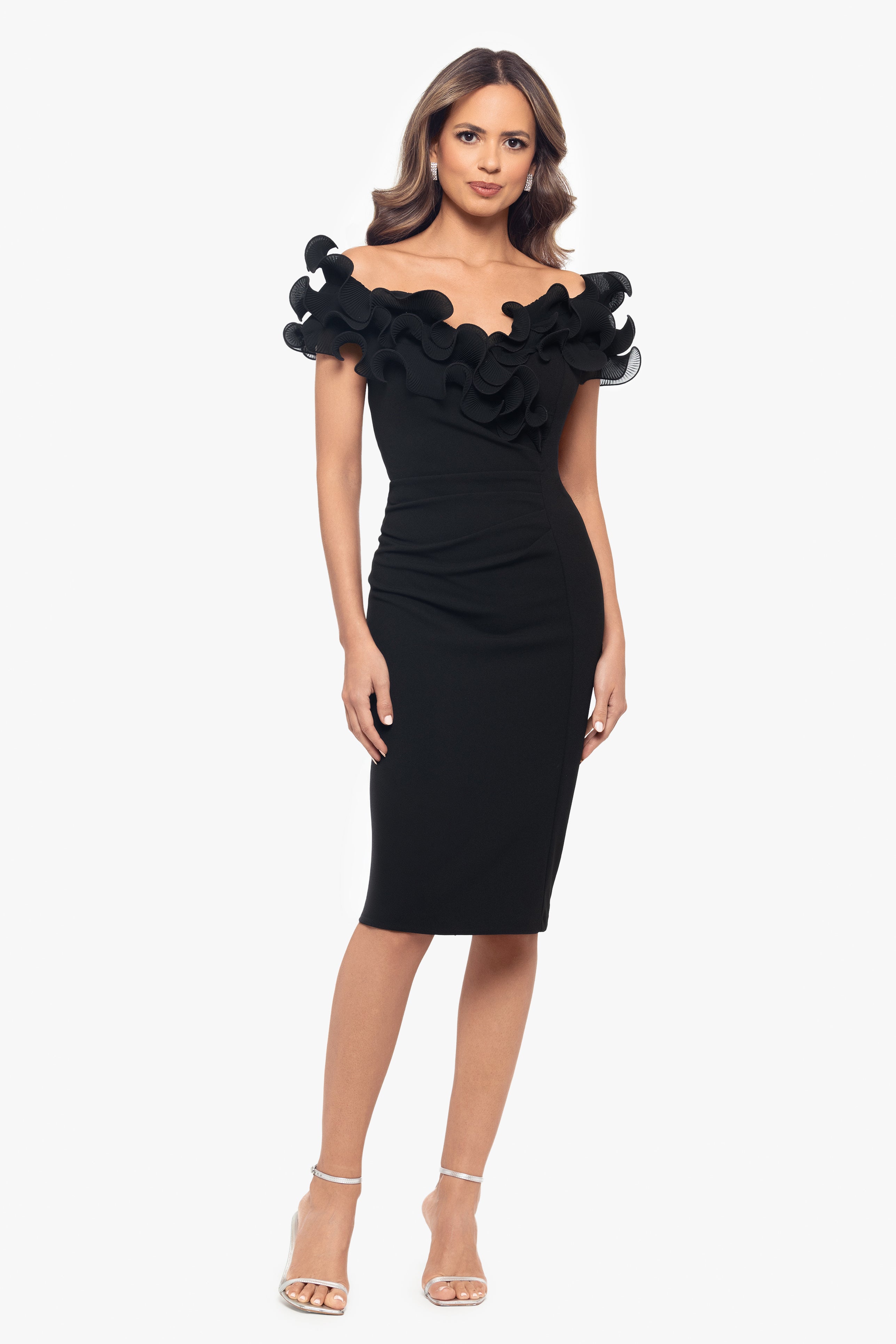 "Natalia" Scuba Crepe Off the Shoulder Ruffle Neck Knee Length Dress