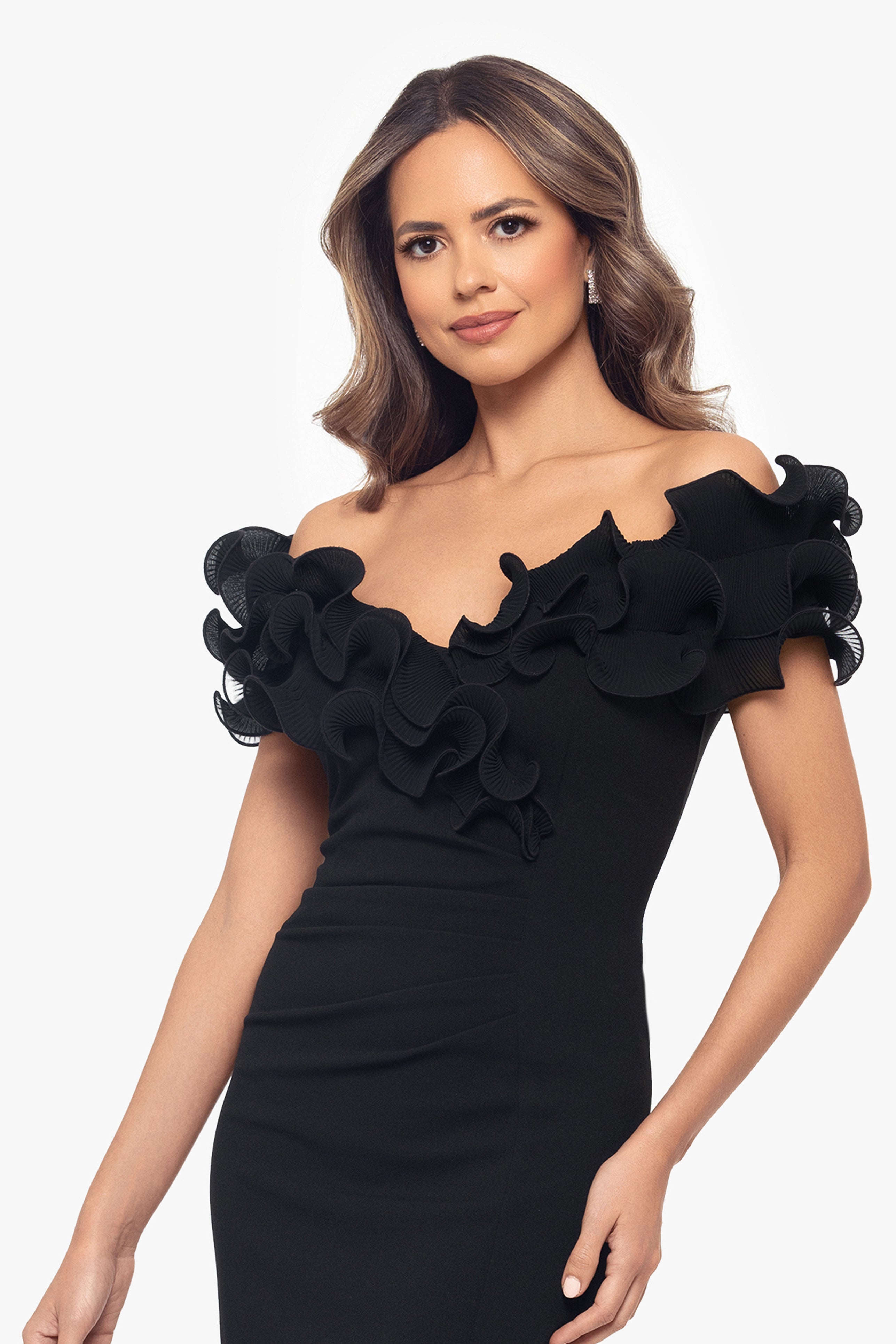 "Natalia" Scuba Crepe Off the Shoulder Ruffle Neck Knee Length Dress