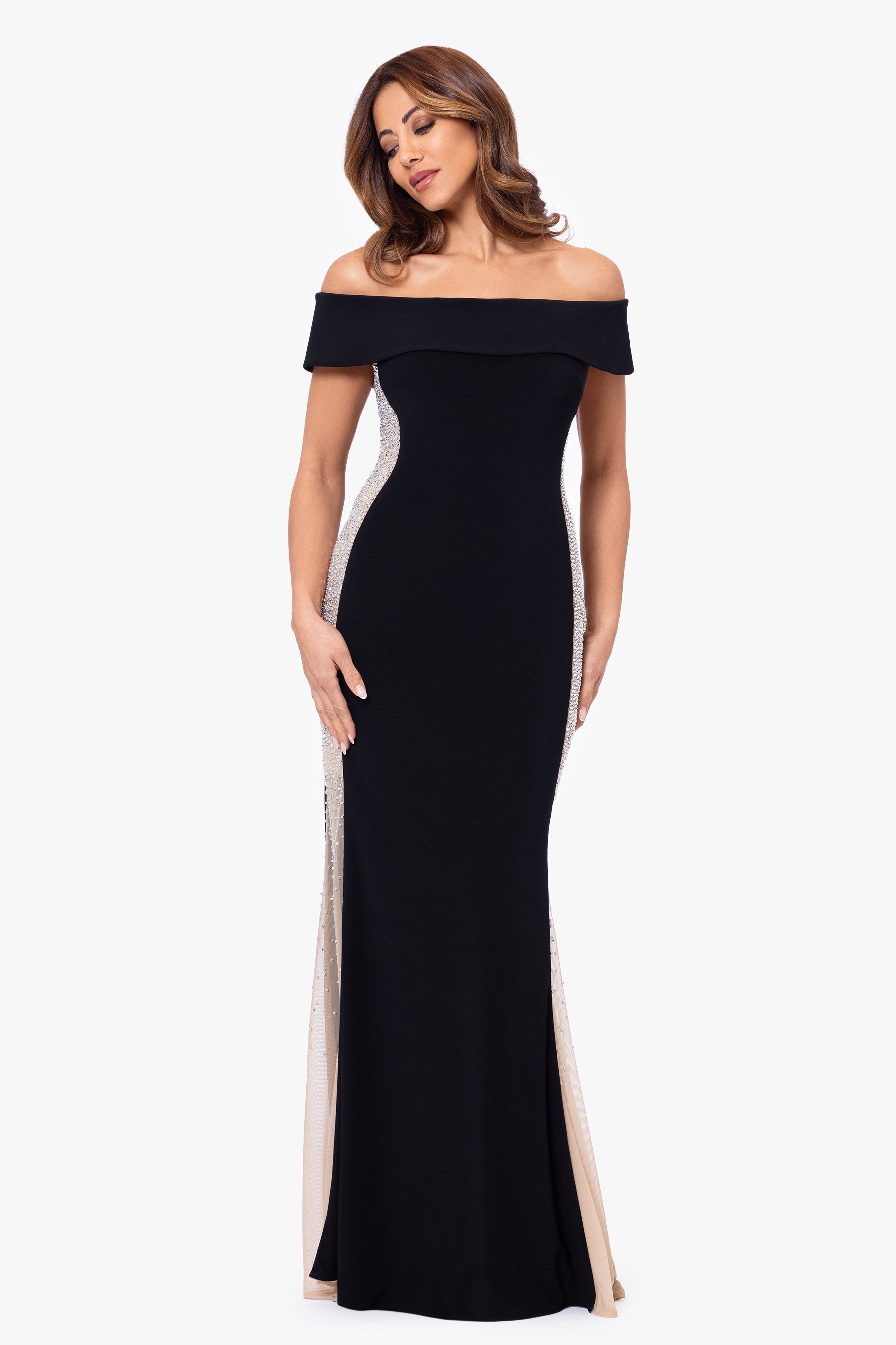 "Brianna" Off the Shoulder Jersey Knit Caviar Beaded Gown