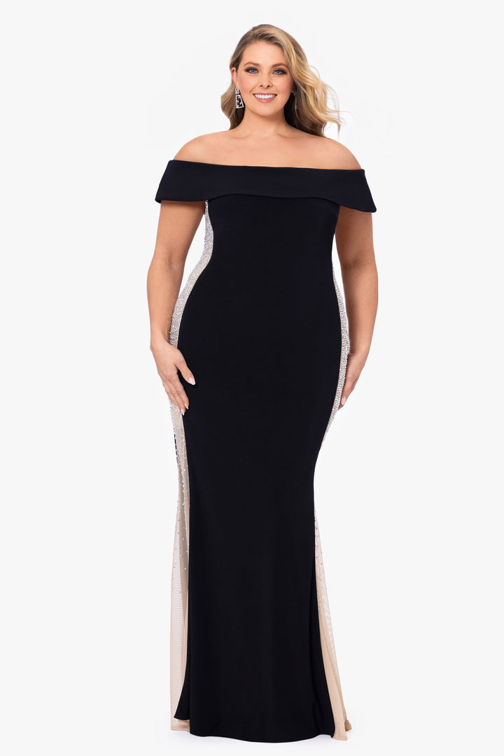 Plus "Brianna" Off the Shoulder Jersey Knit Caviar Beaded Gown