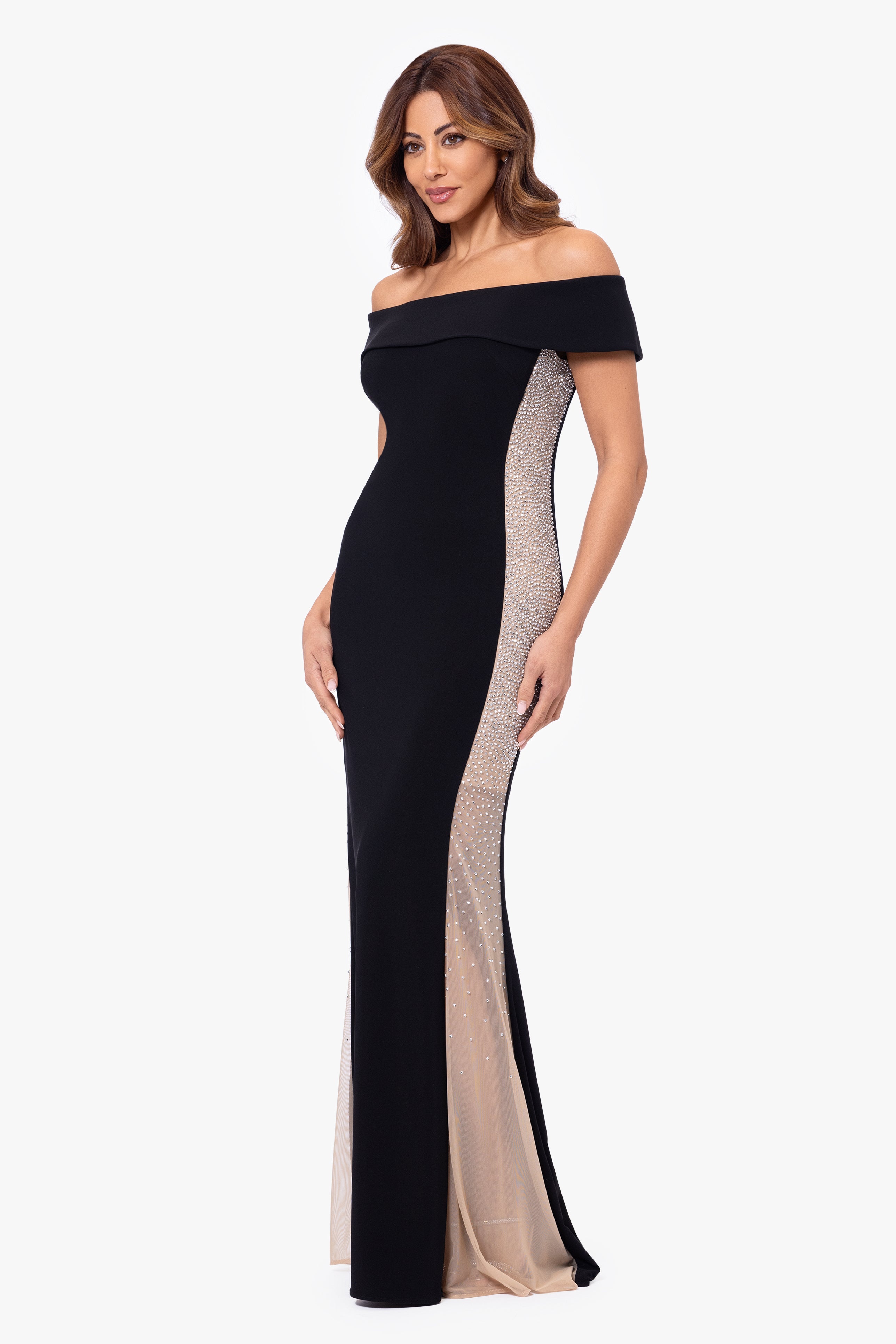 Petite "Brianna" Off the Shoulder Jersey Knit Caviar Beaded Gown