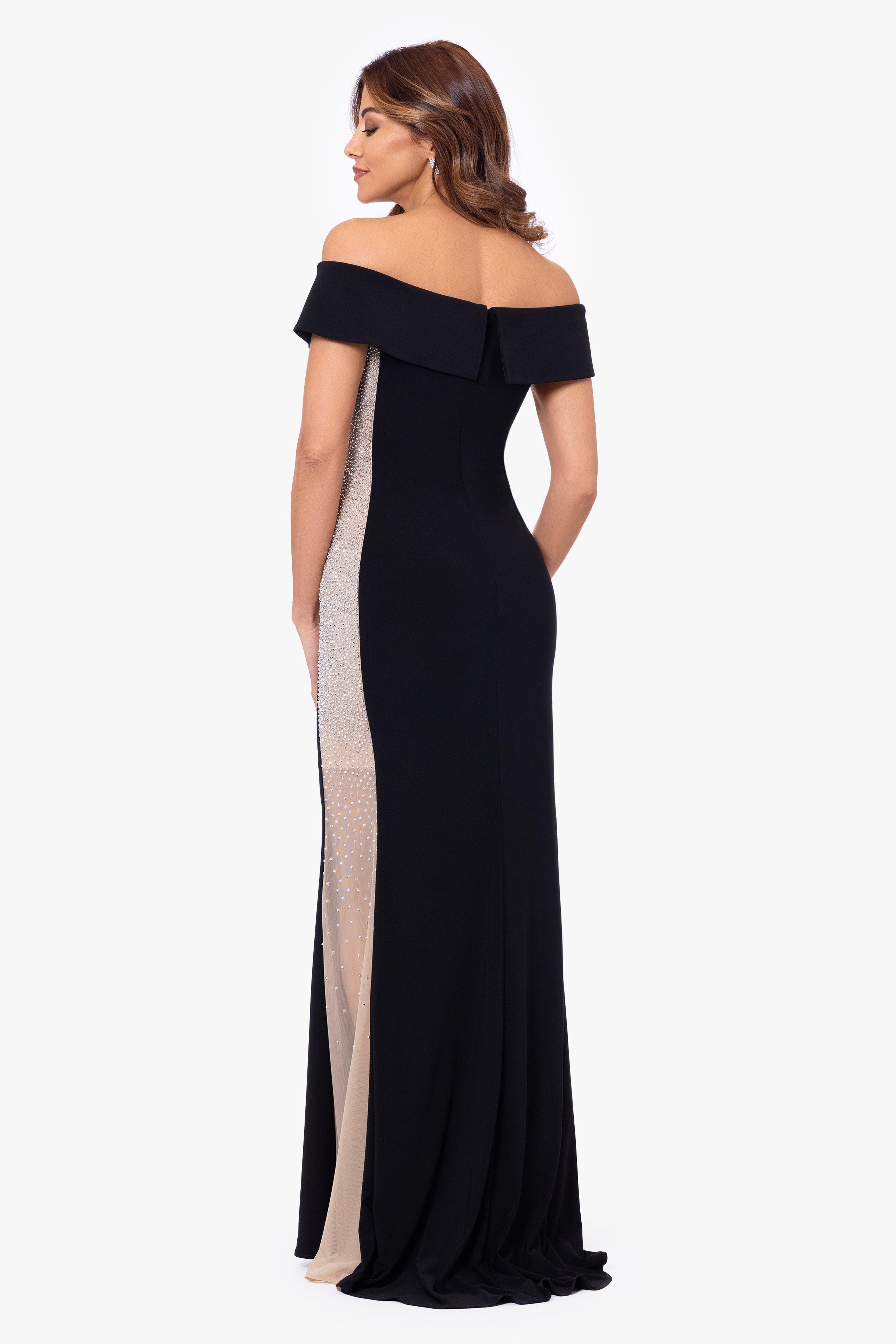 Petite "Brianna" Off the Shoulder Jersey Knit Caviar Beaded Gown