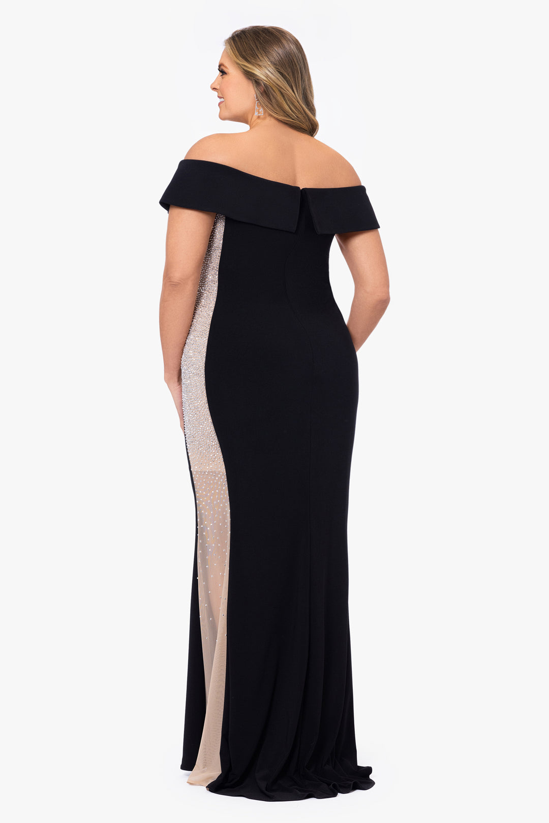Plus "Brianna" Off the Shoulder Jersey Knit Caviar Beaded Gown
