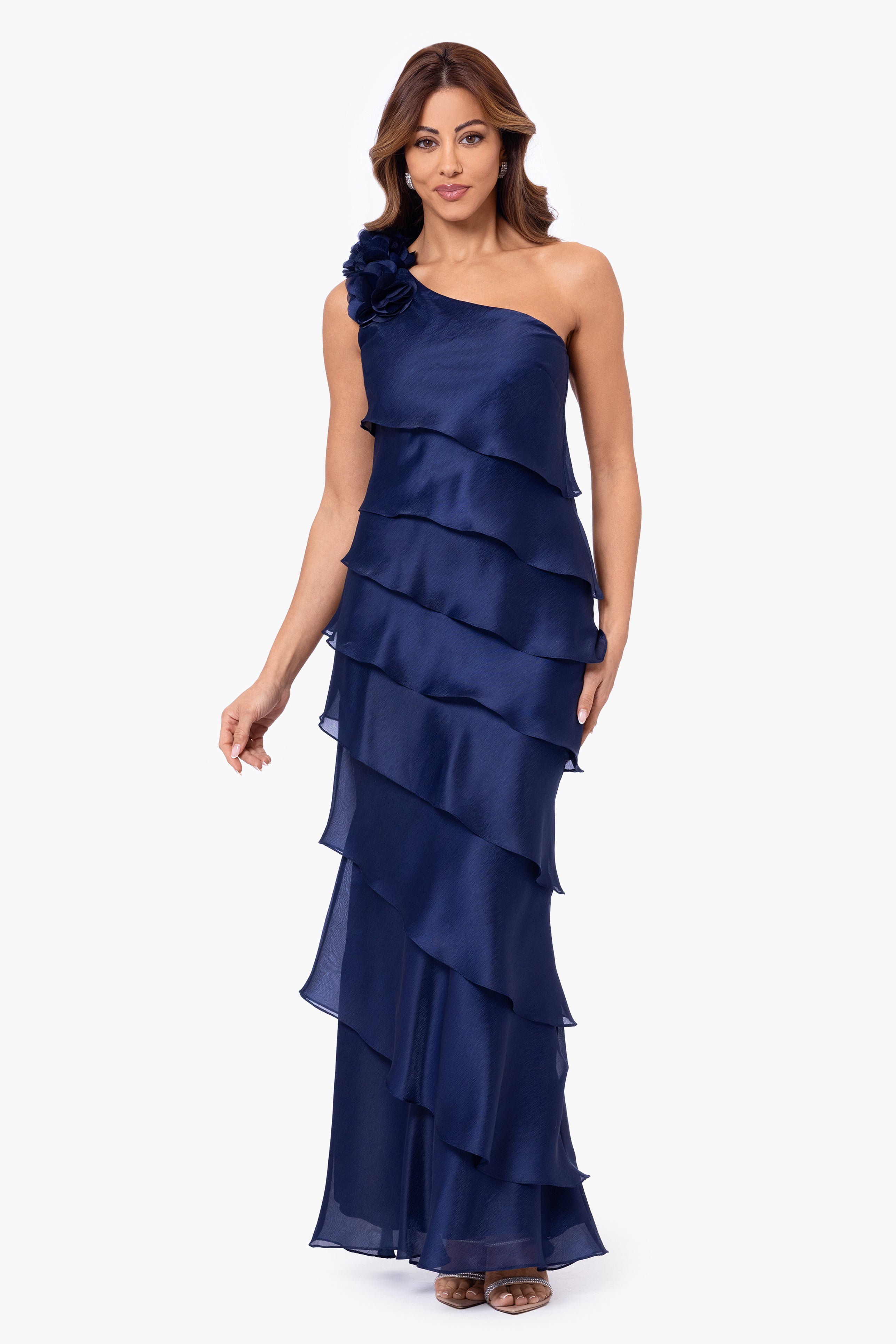 "Rosina" Long Metallic Organza Tiered One-Shoulder Dress