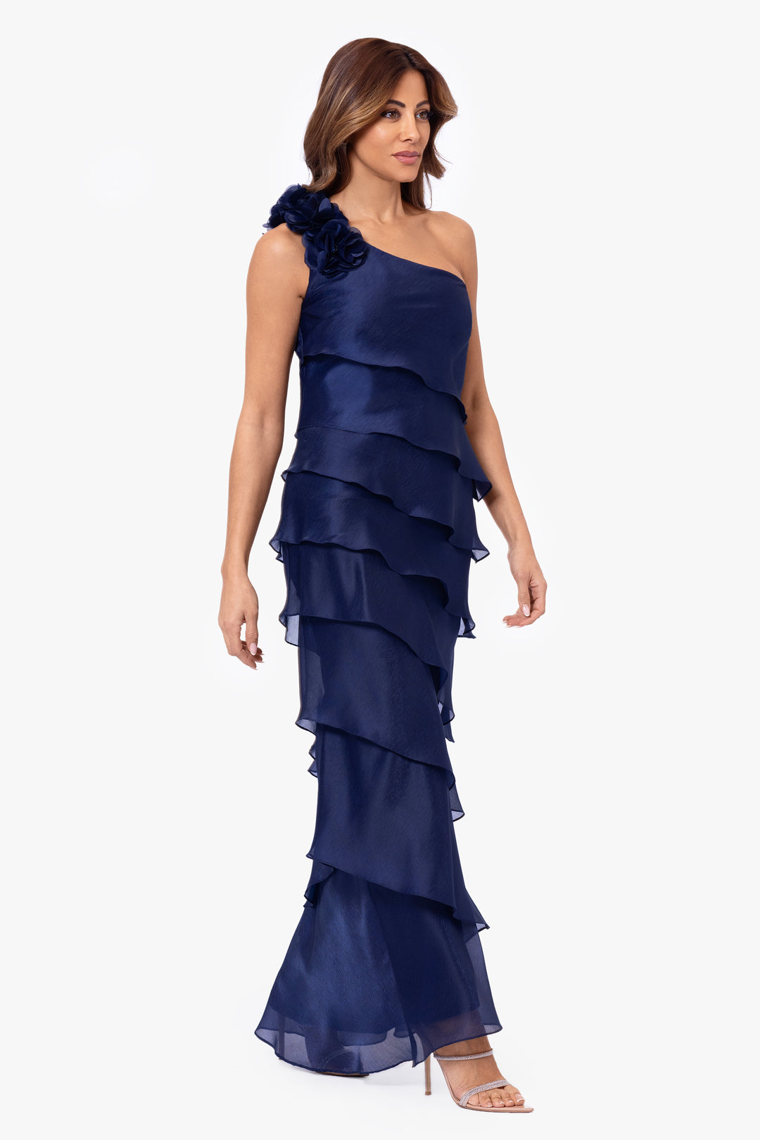 "Rosina" Long Metallic Organza Tiered One-Shoulder Dress