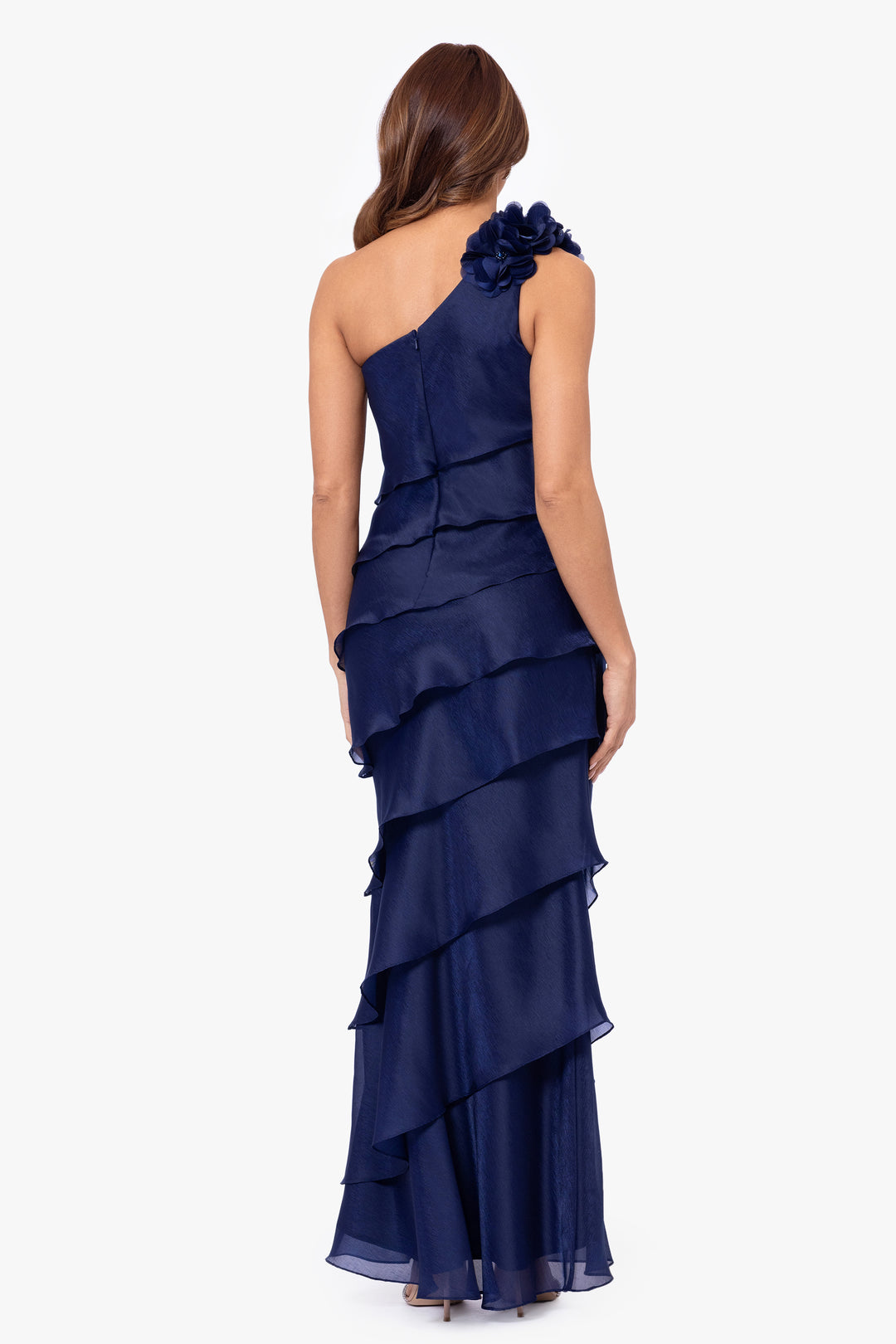 "Rosina" Long Metallic Organza Tiered One-Shoulder Dress