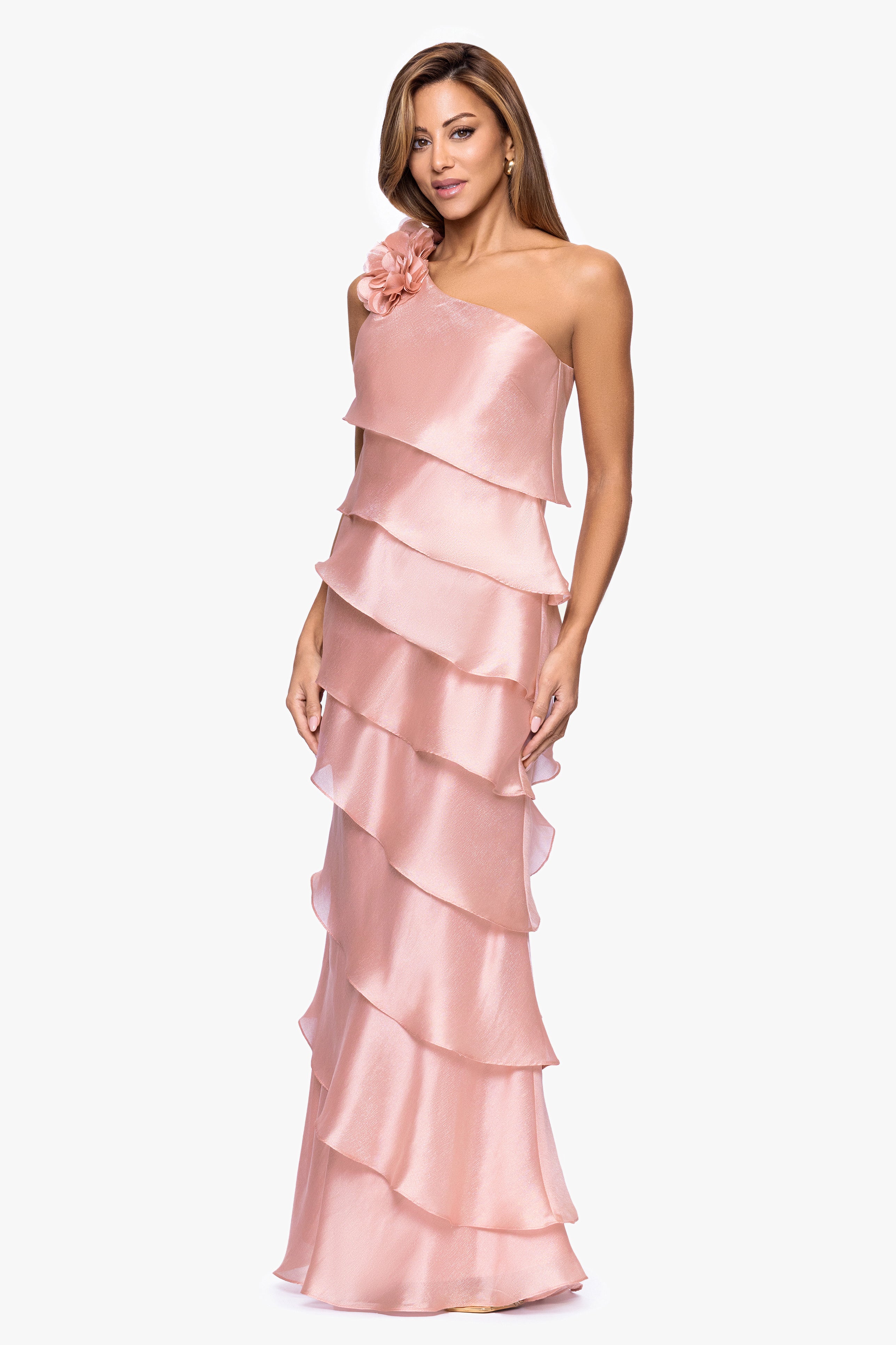 Petite "Rosina" Long Metallic Organza Tiered One-Shoulder Dress
