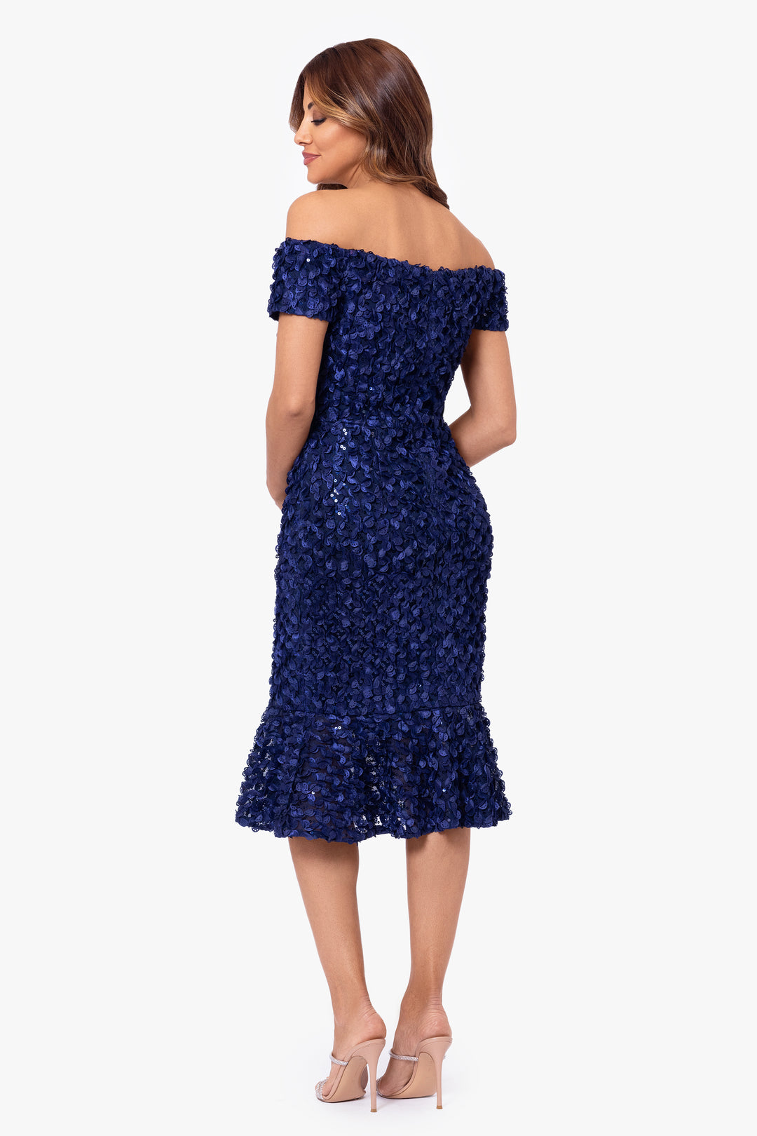 "Luna" Sequin Embellished Off the Shoulder Flounce Knee Length Dress