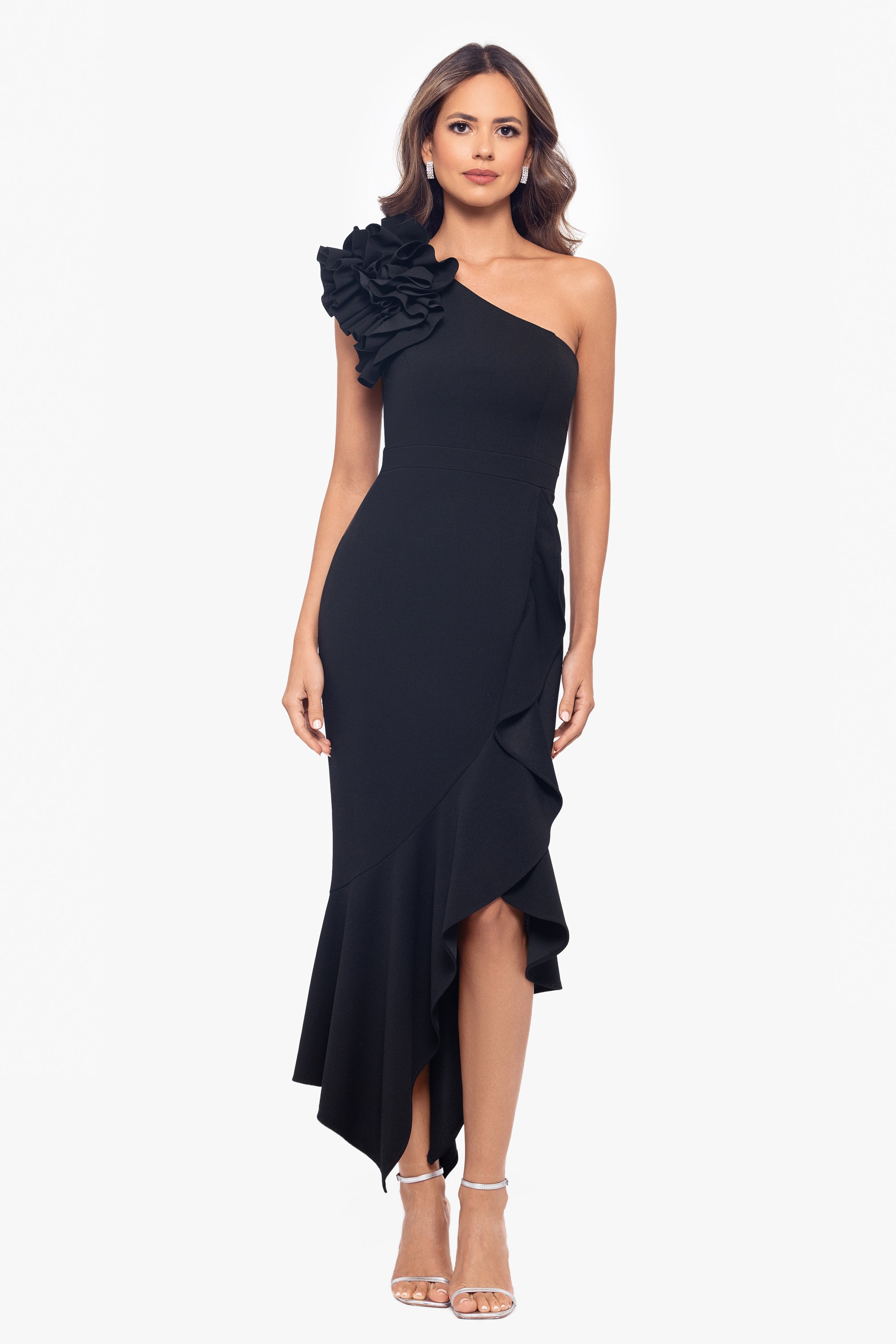 "May" Midi Scuba Crepe Asymmetrical Ruffle Dress