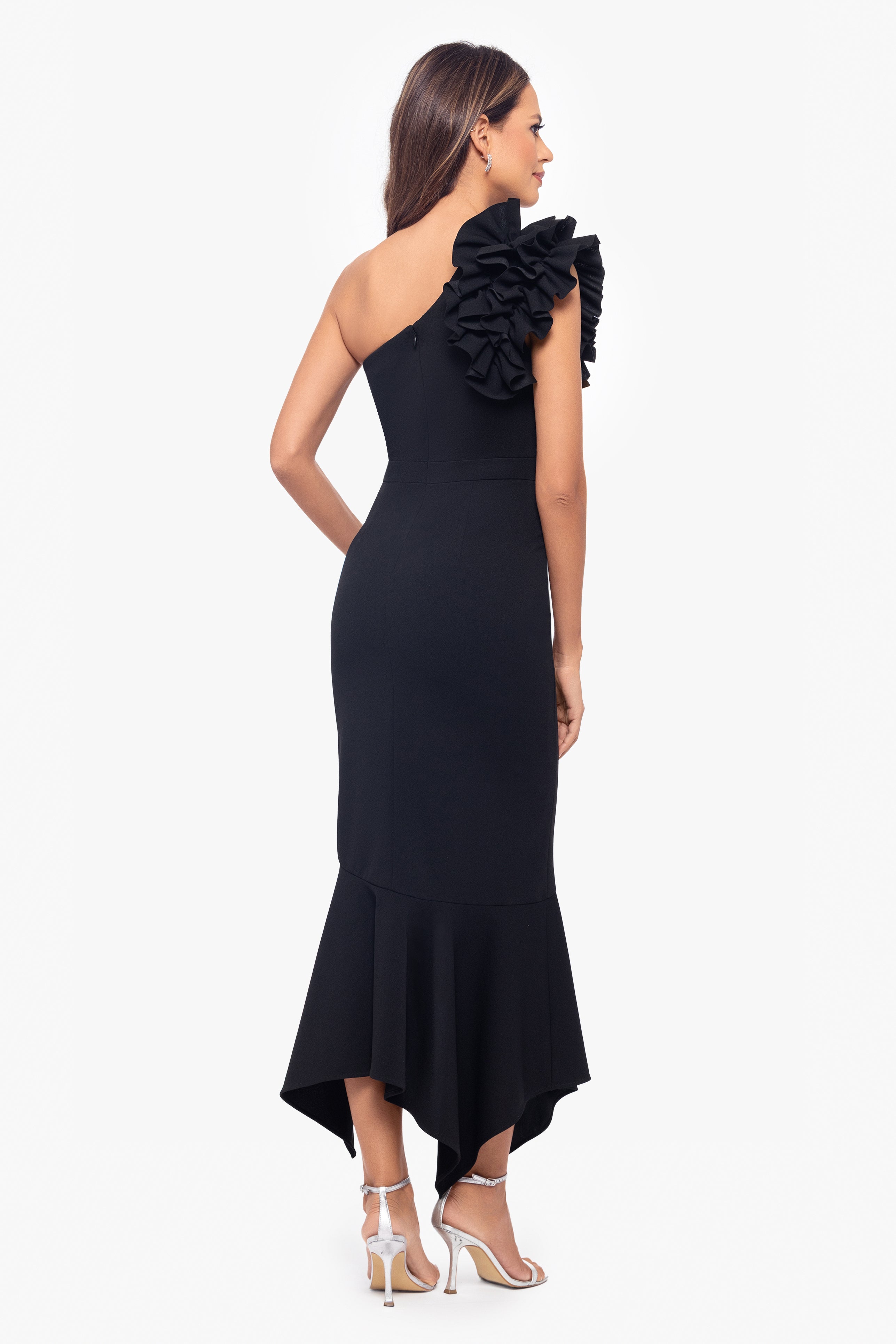 "May" Midi Scuba Crepe Asymmetrical Ruffle Dress