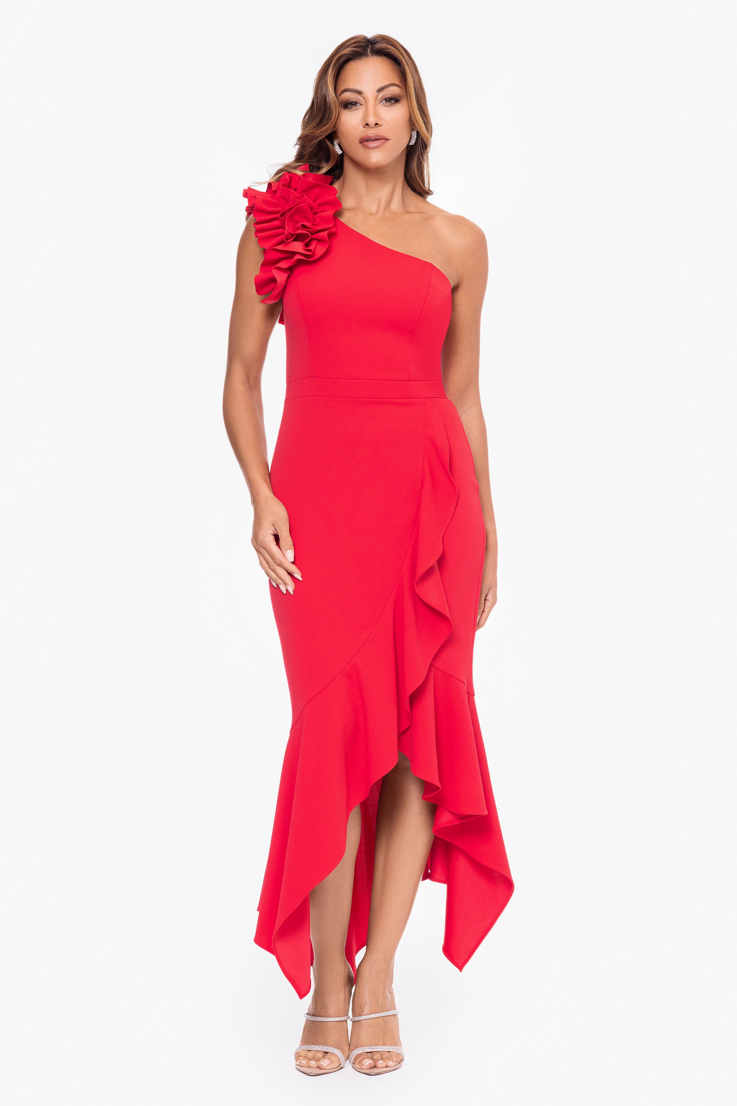 "May" Midi Scuba Crepe Asymmetrical Ruffle Dress