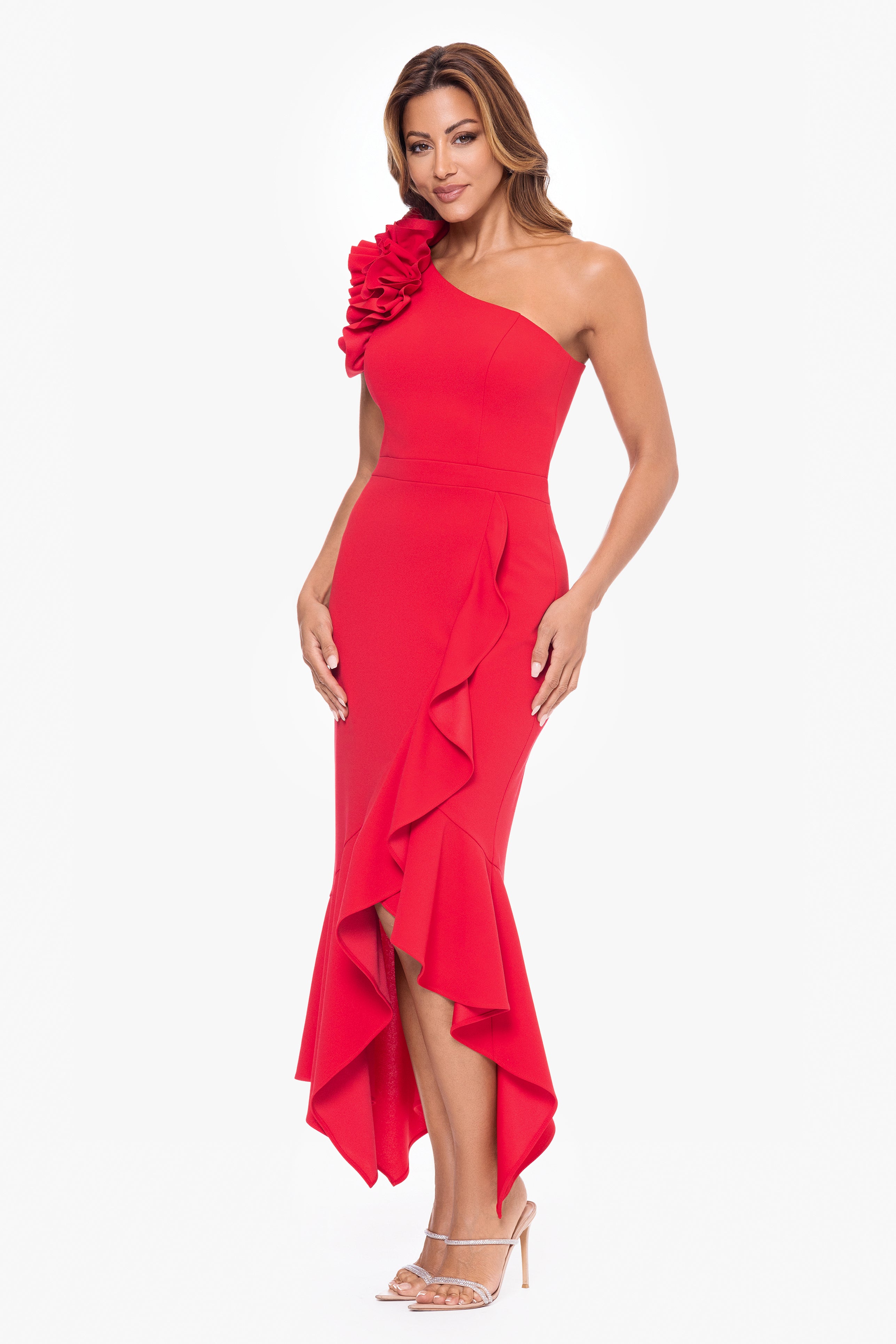 "May" Midi Scuba Crepe Asymmetrical Ruffle Dress