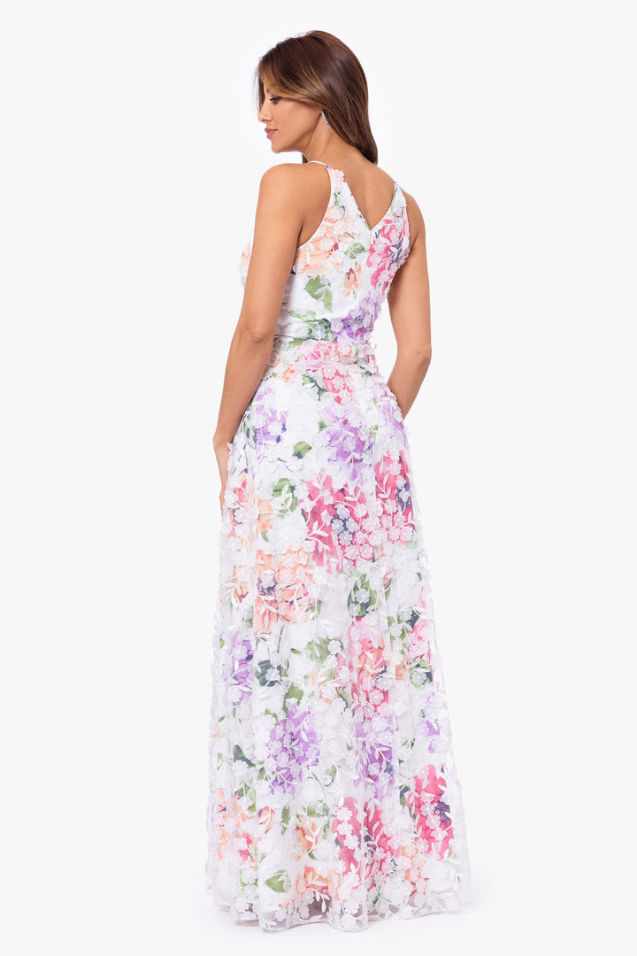 "Jenna" Long 3D Embellished Floral V-Neck Gown