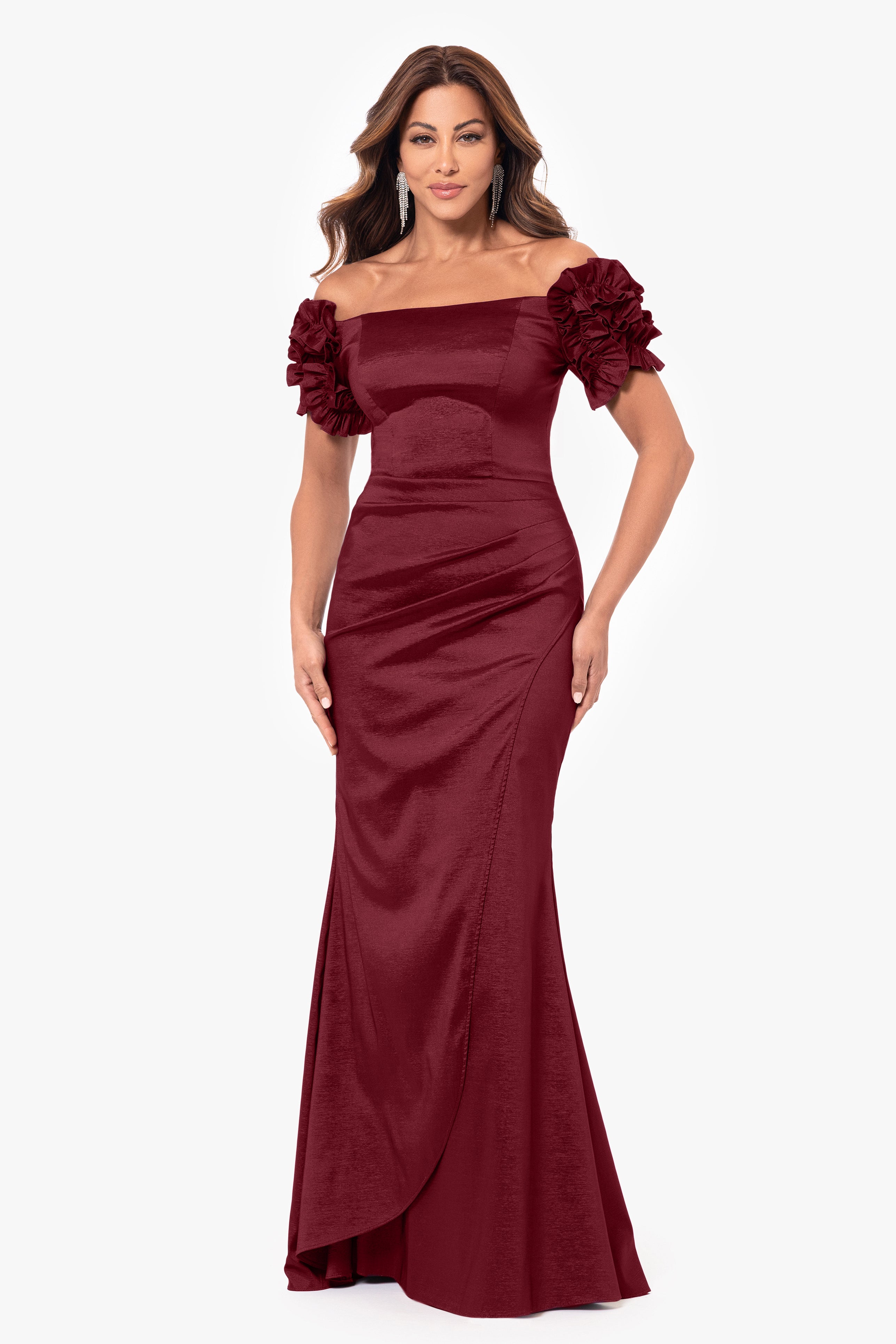 Petite "Melinda" Long off the Shoulder Flower Sleeve Dress