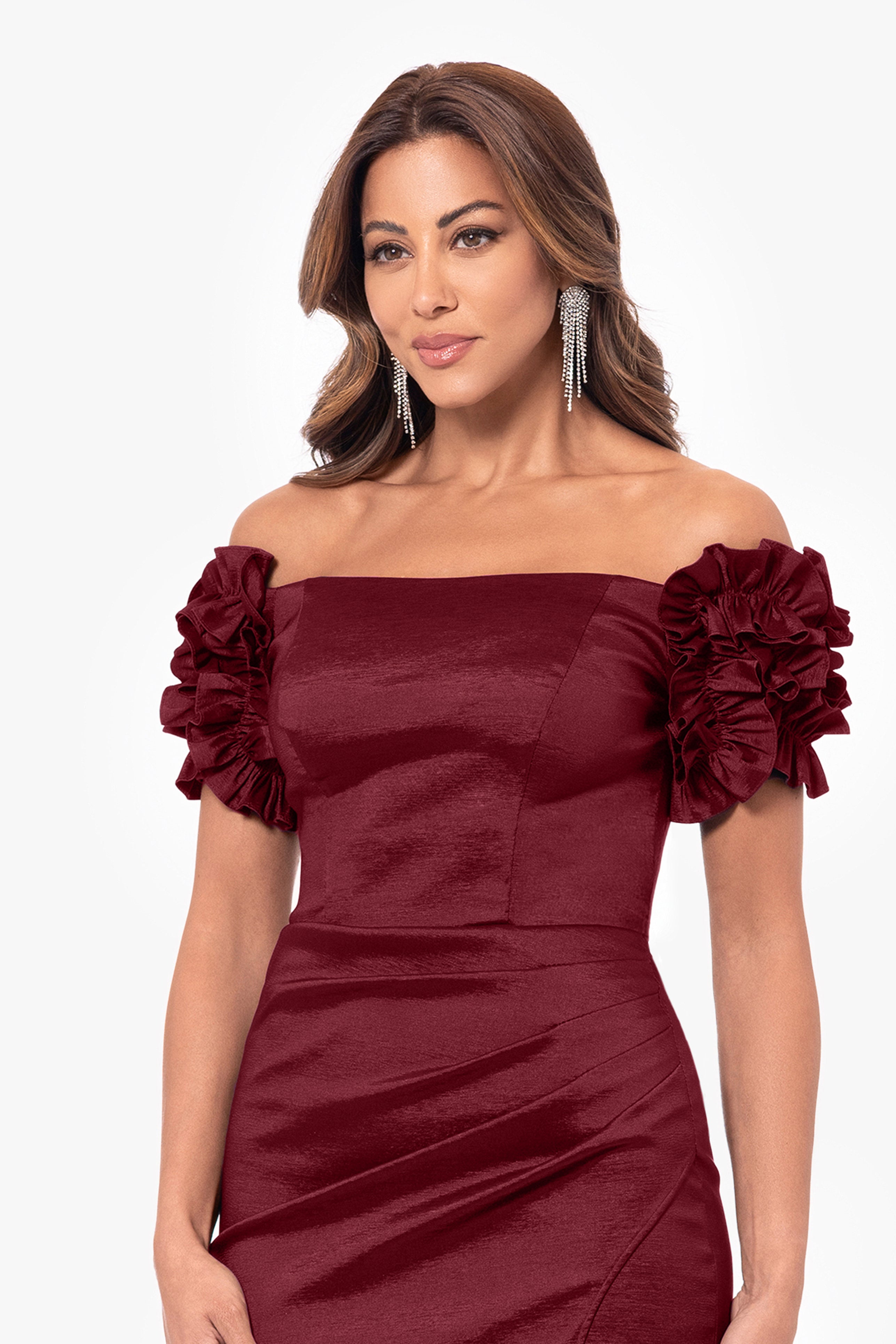 Petite "Melinda" Long off the Shoulder Flower Sleeve Dress