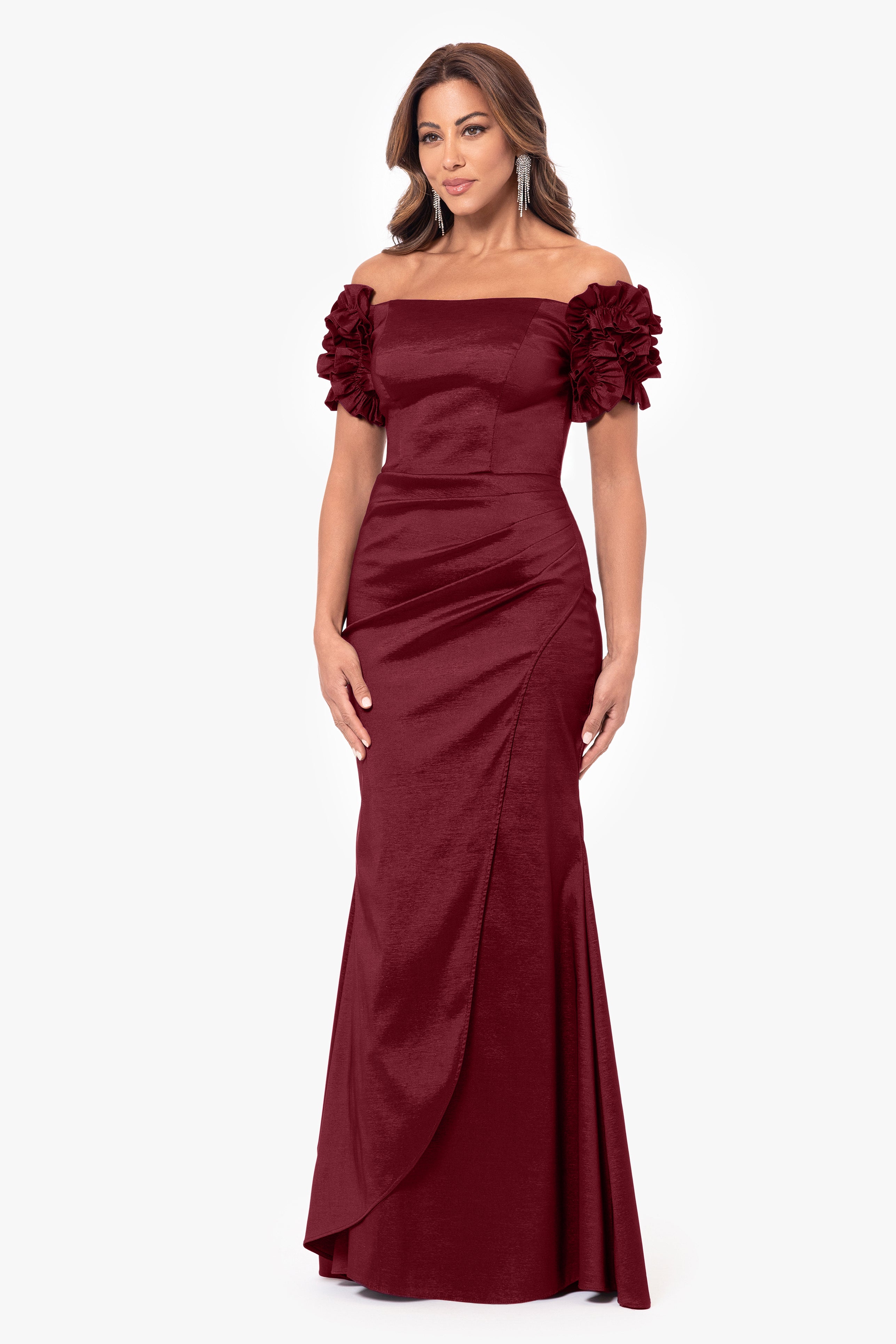 Petite "Melinda" Long off the Shoulder Flower Sleeve Dress