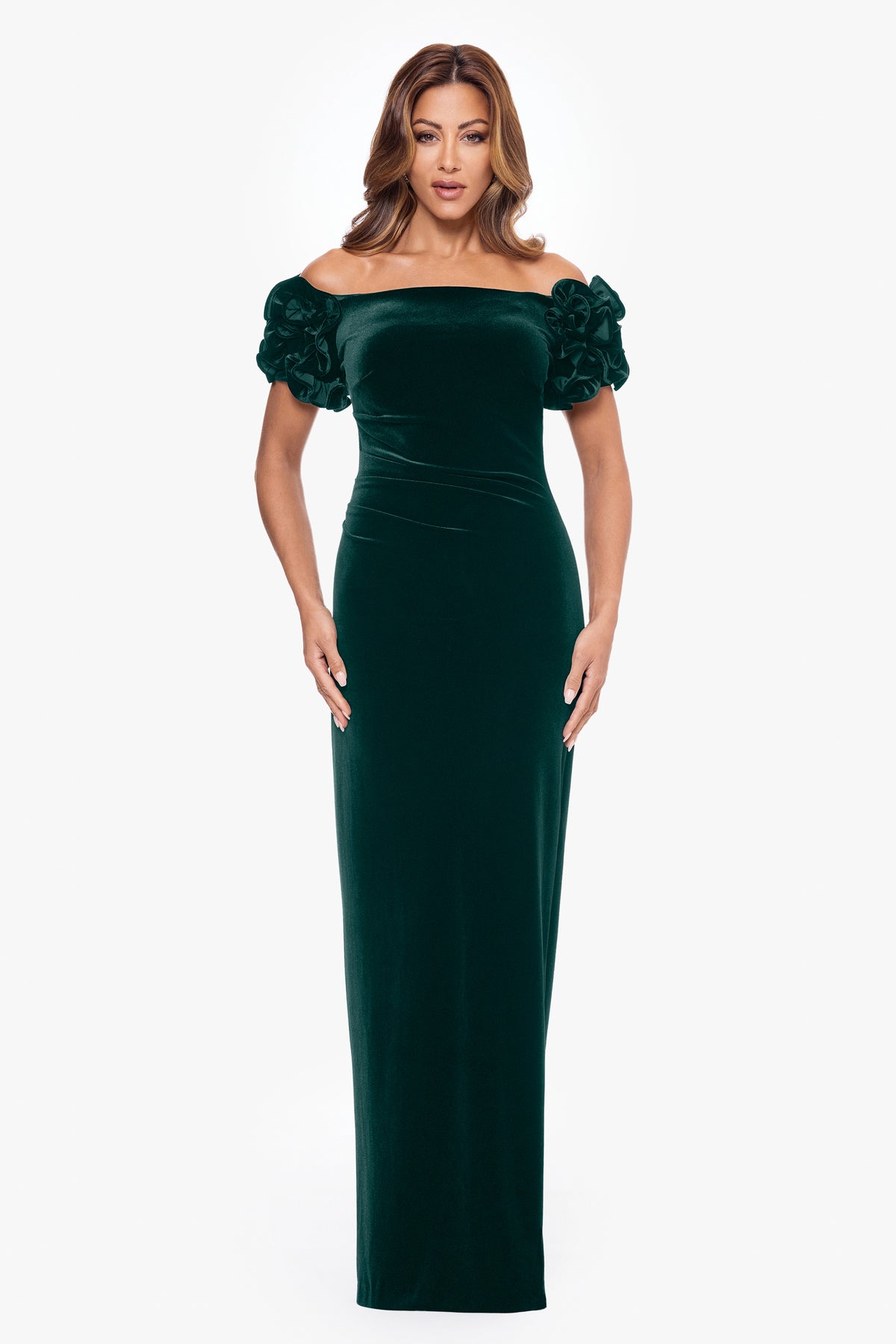 Petite "Rosie" Velvet Off Shoulder Ruffle Sleeve Dress