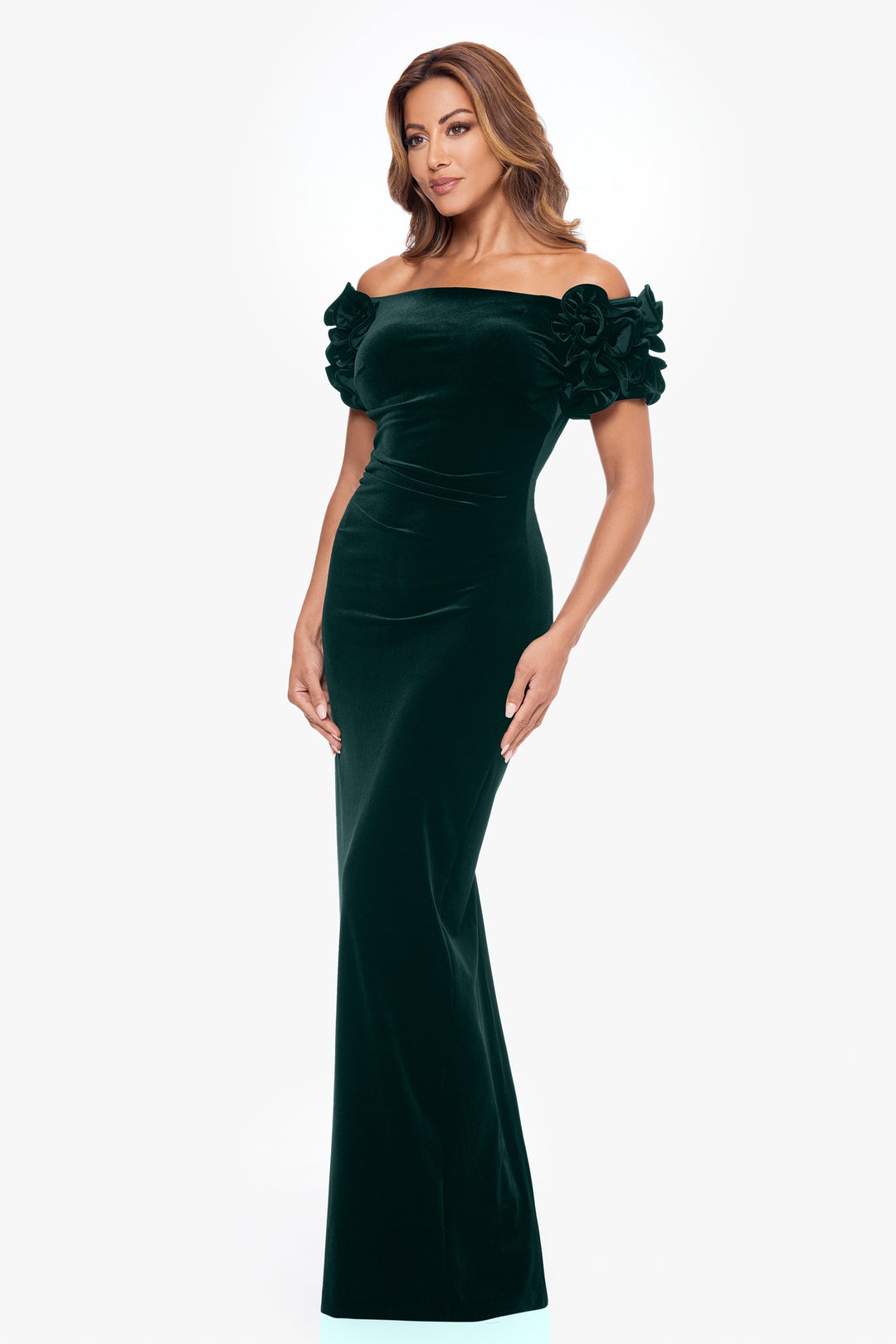 "Rosie" Long Velvet Off the Shoulder Ruffle Sleeve Dress