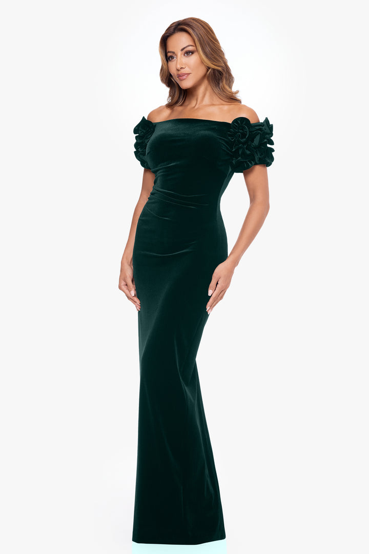 "Rosie" Long Velvet Off the Shoulder Ruffle Sleeve Dress