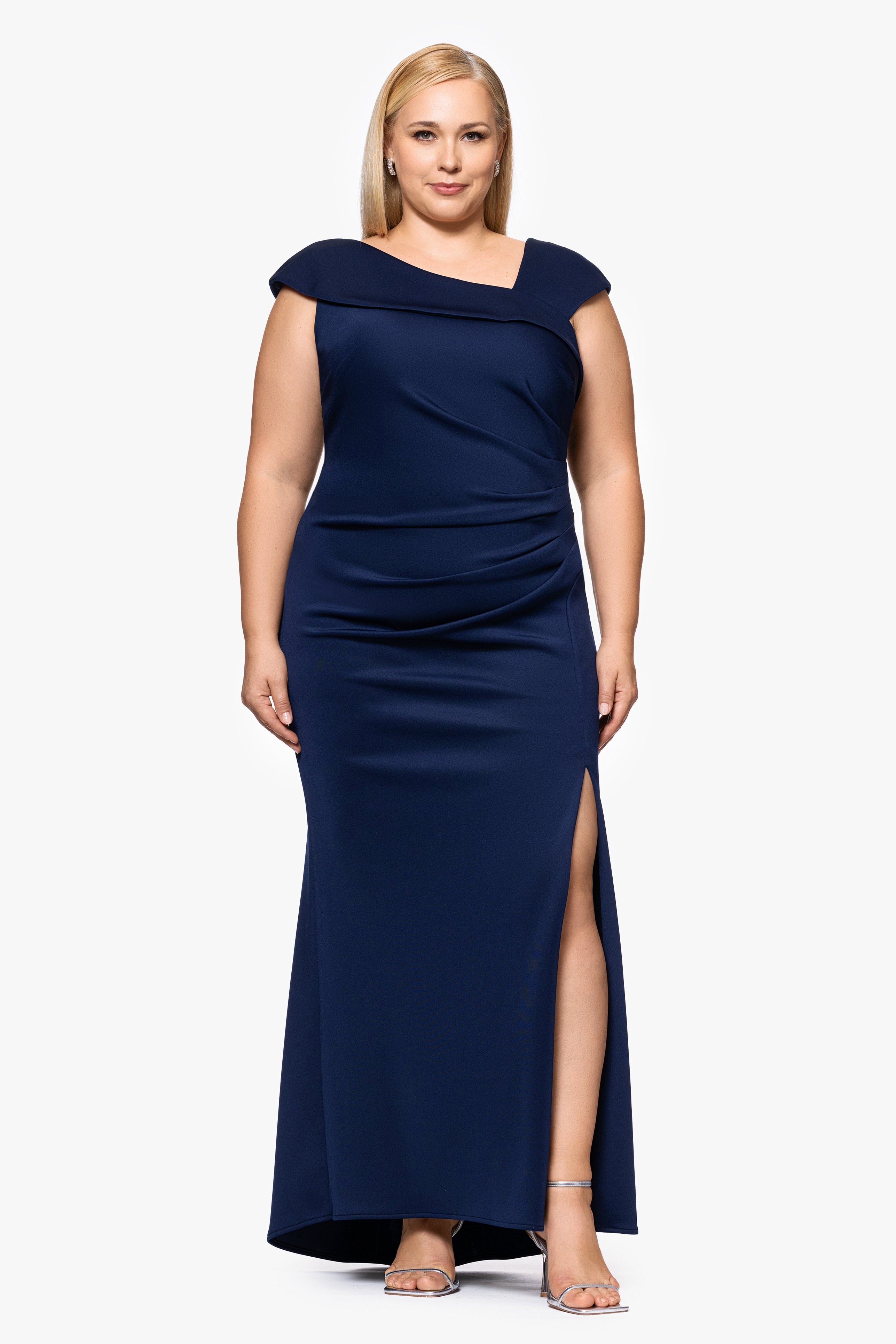 Plus "Lenore " Long Asymmetrical Neckline Scuba Dress