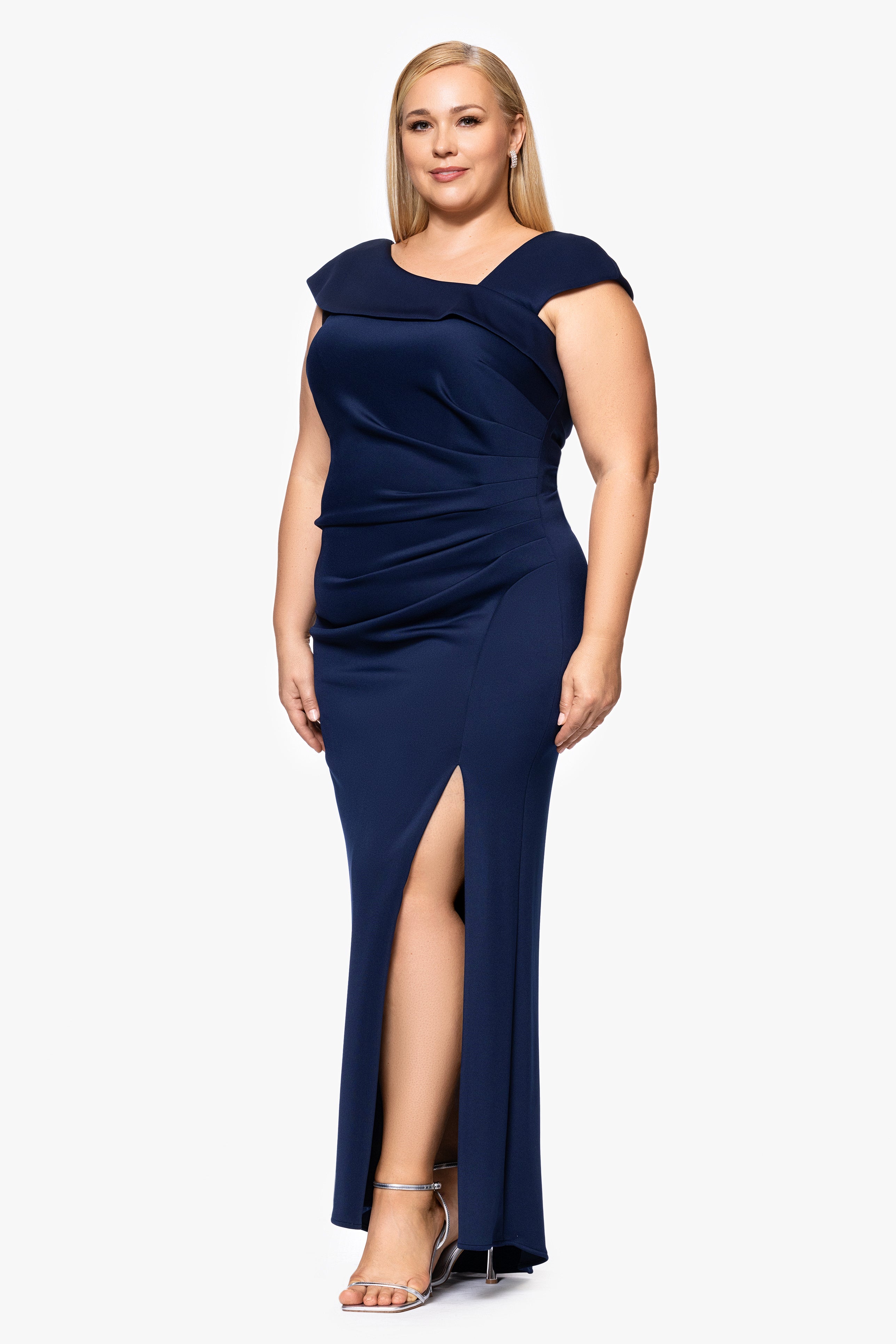 Plus "Lenore " Long Asymmetrical Neckline Scuba Dress