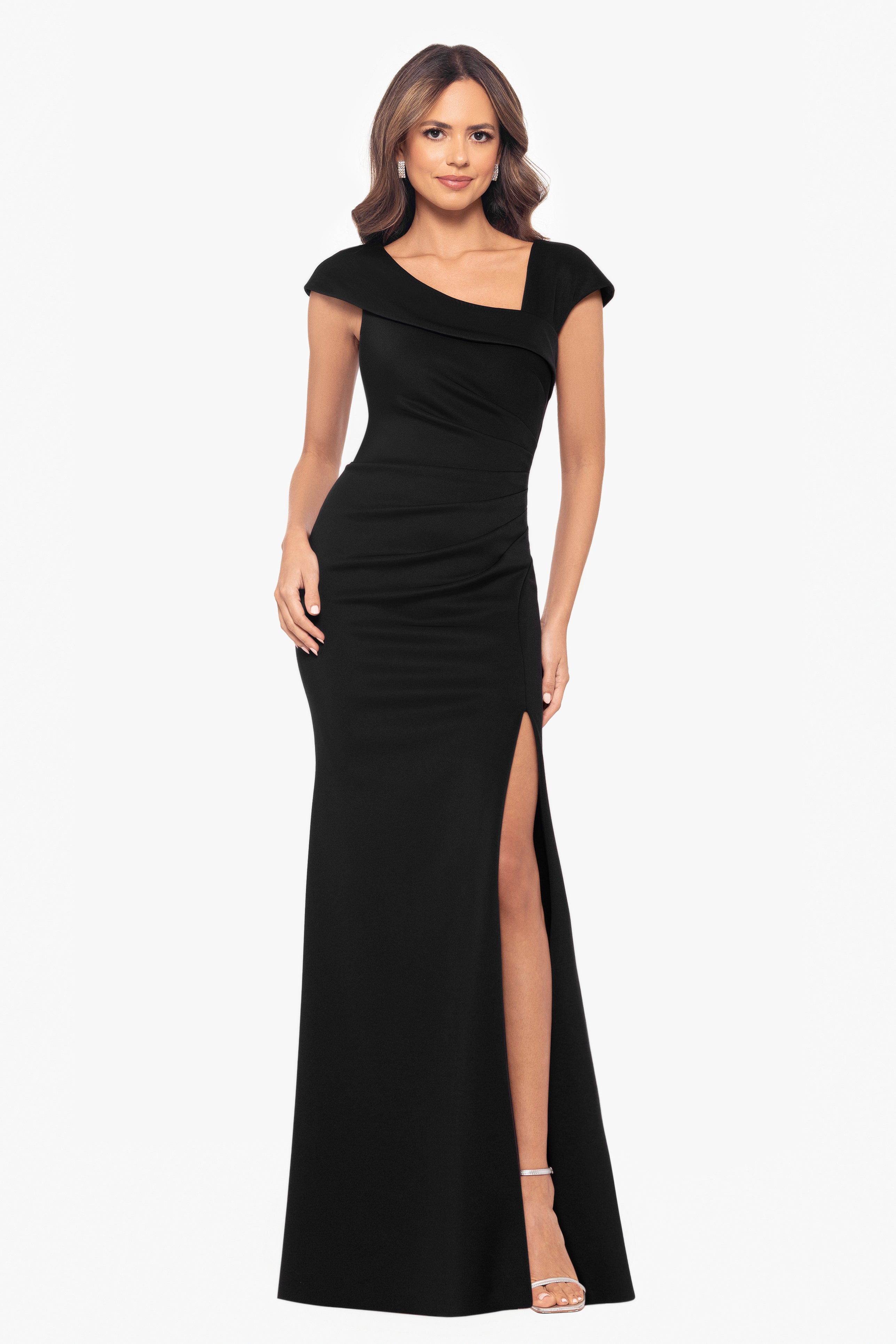 Petite "Lenore " Long Asymmetrical Neckline Scuba Dress