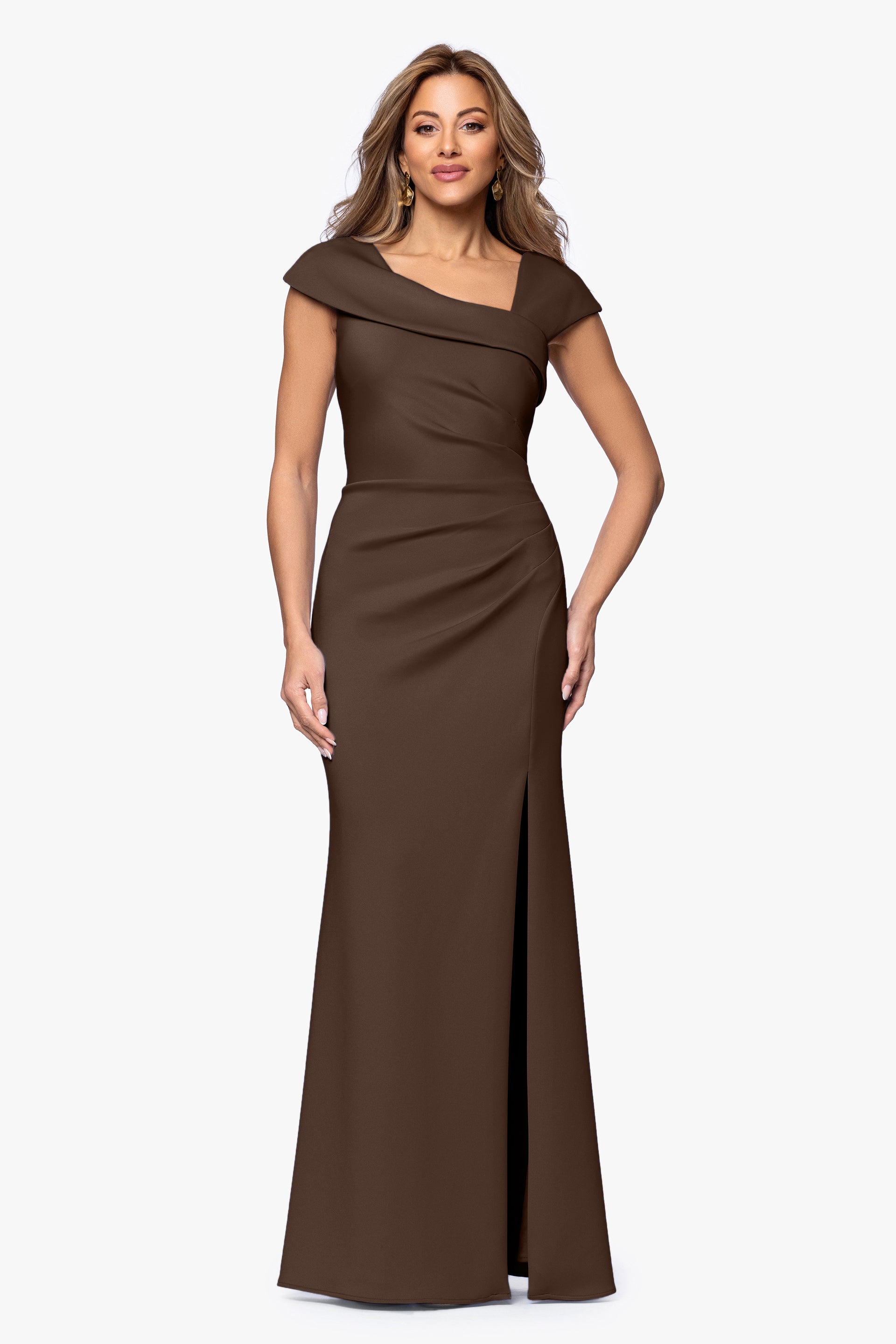 Petite "Lenore" Techno Scuba Asymmetrical Neckline Dress