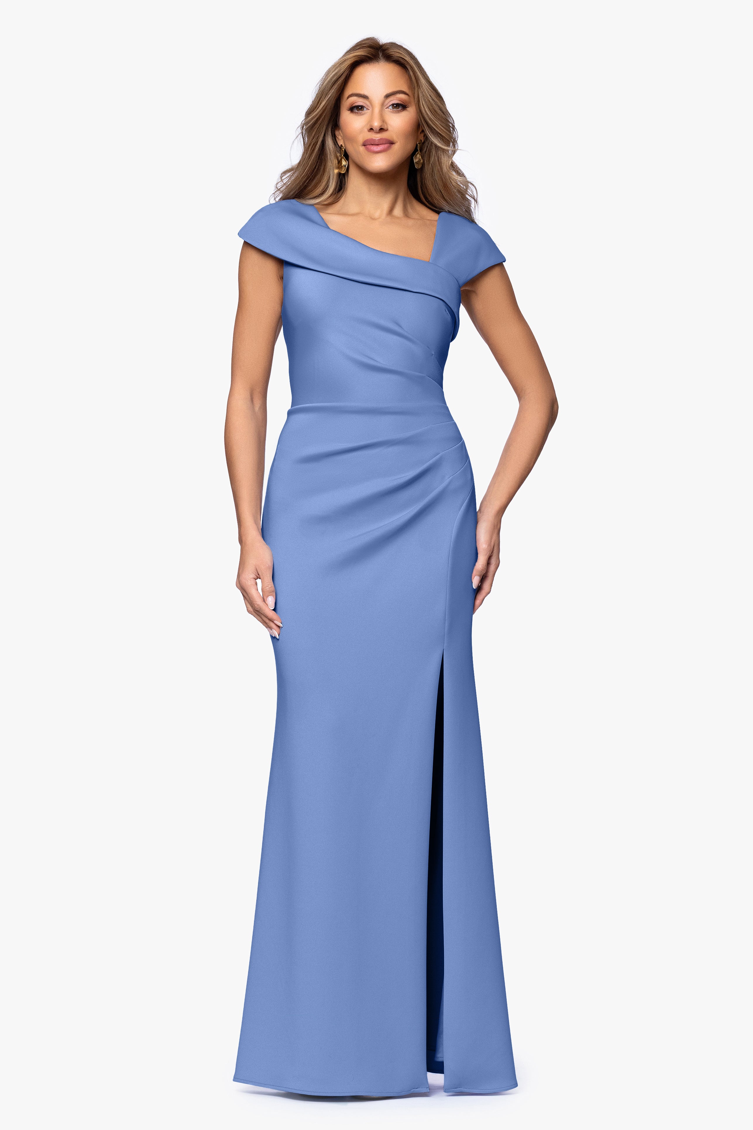 Petite "Lenore" Techno Scuba Asymmetrical Neckline Dress