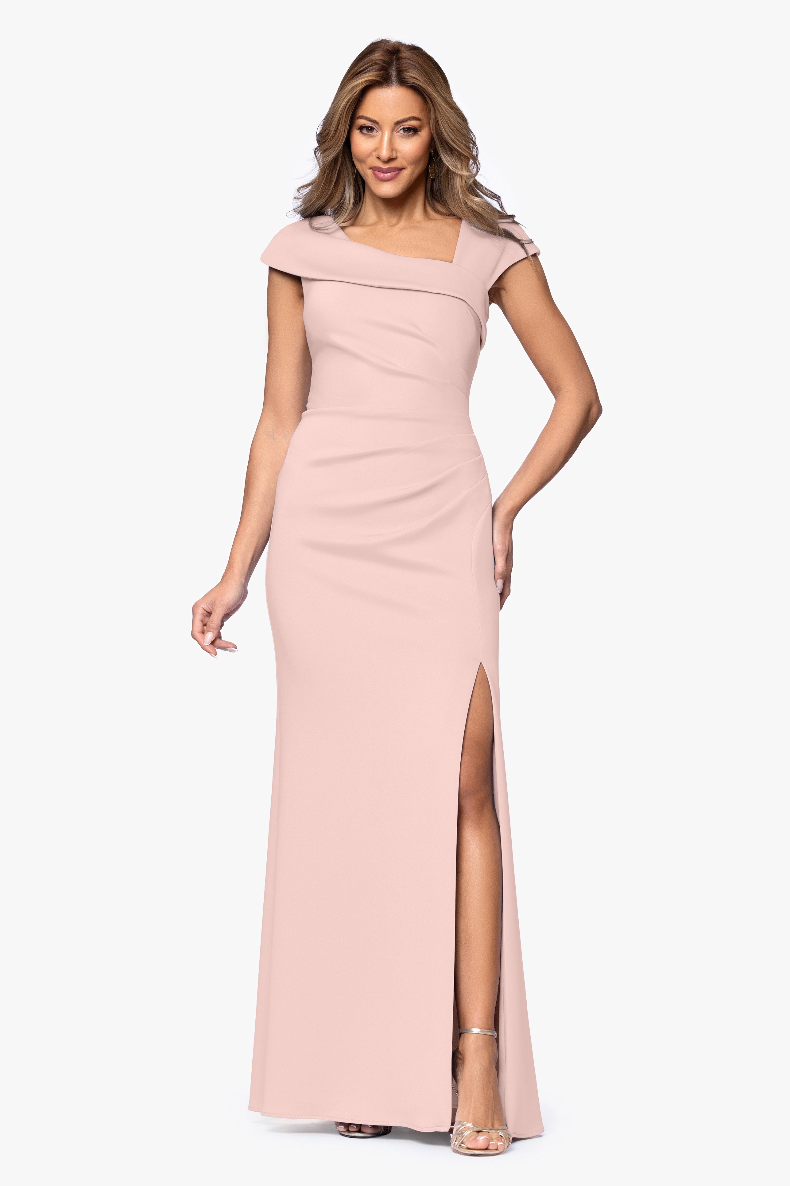 "Lenore " Long Asymmetrical Neckline Scuba Dress