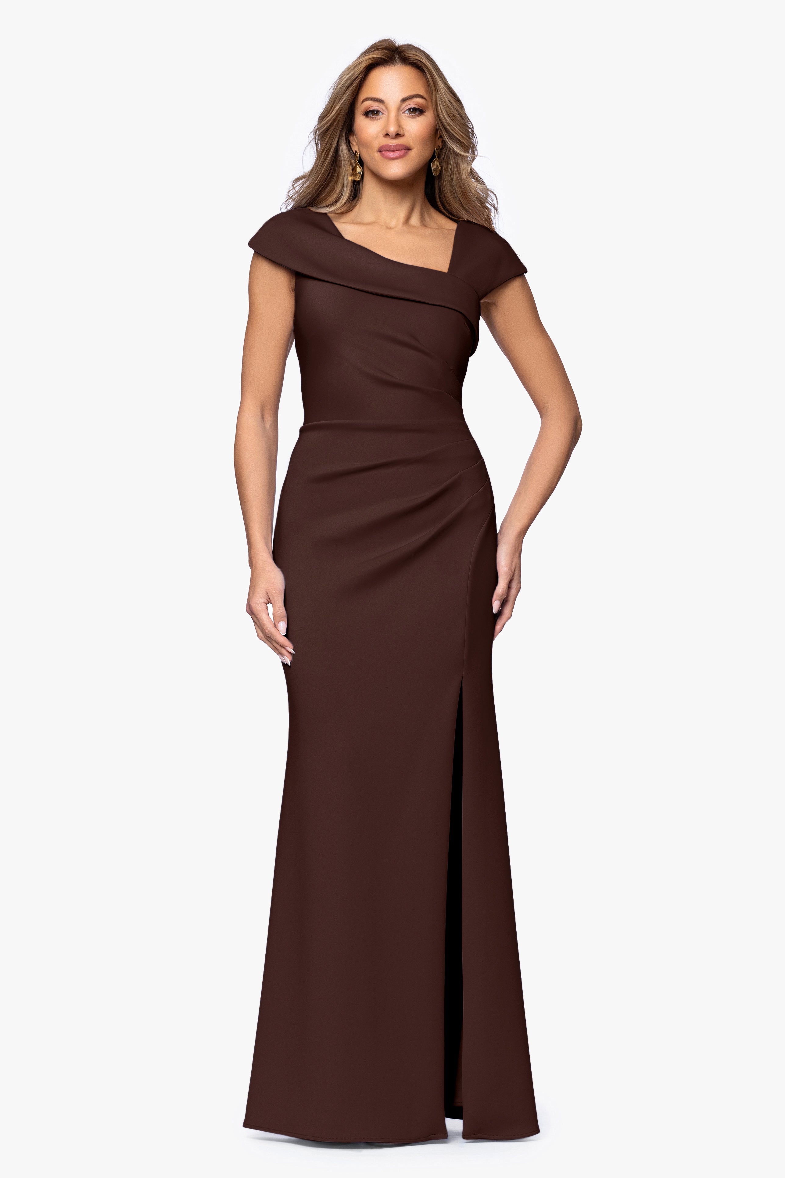 Petite "Lenore " Long Asymmetrical Neckline Techno Scuba Dress