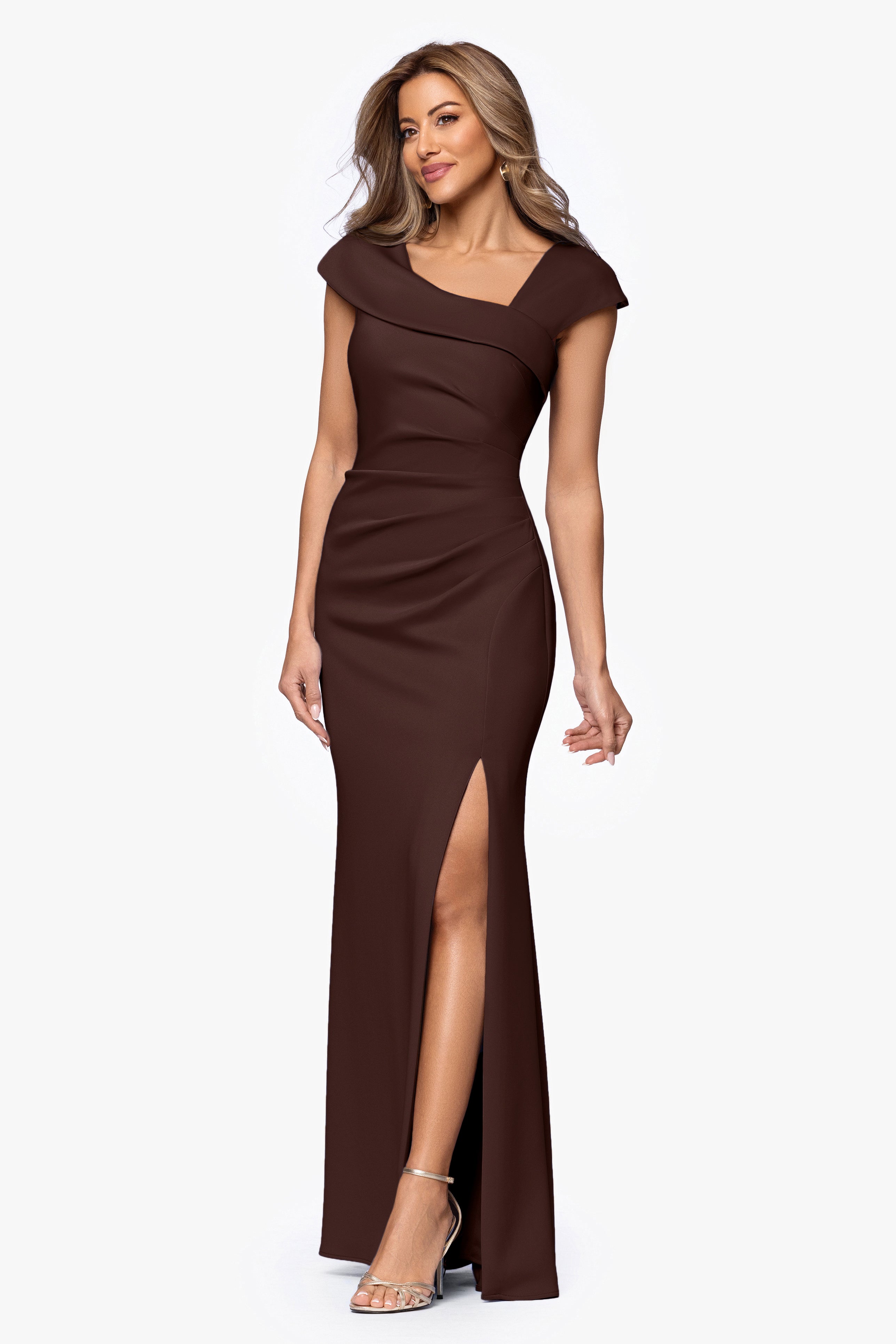 Petite "Lenore " Long Asymmetrical Neckline Techno Scuba Dress