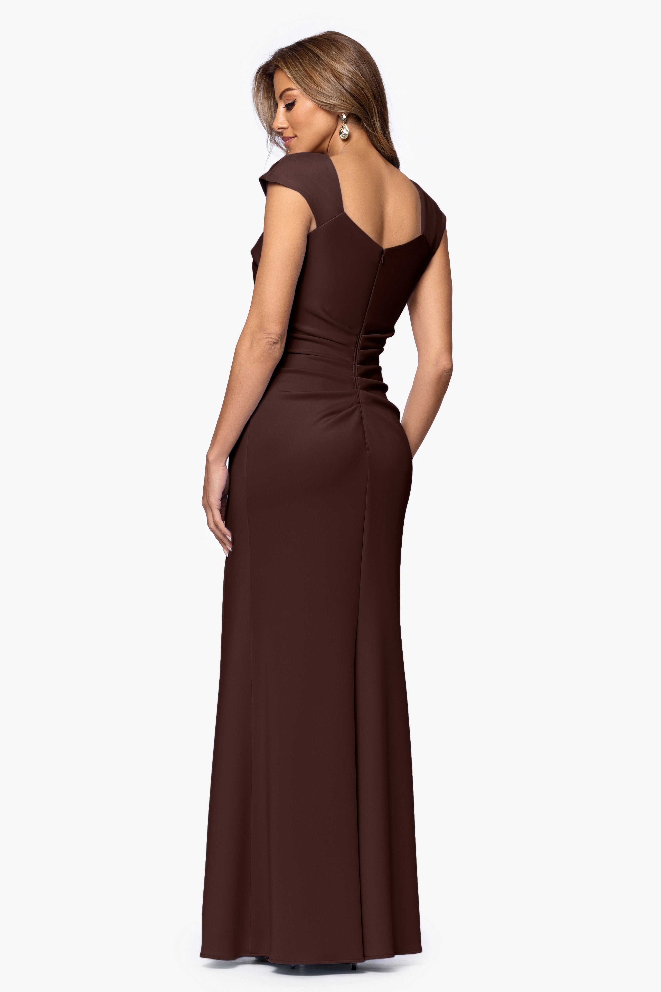 Petite "Lenore " Long Asymmetrical Neckline Techno Scuba Dress