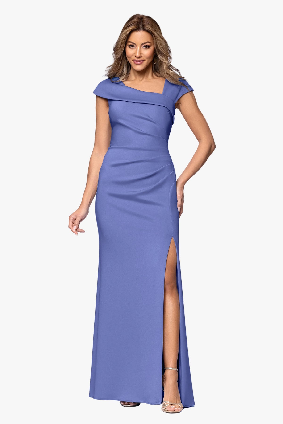 Petite "Lenore" Techno Scuba Asymmetrical Neckline Dress