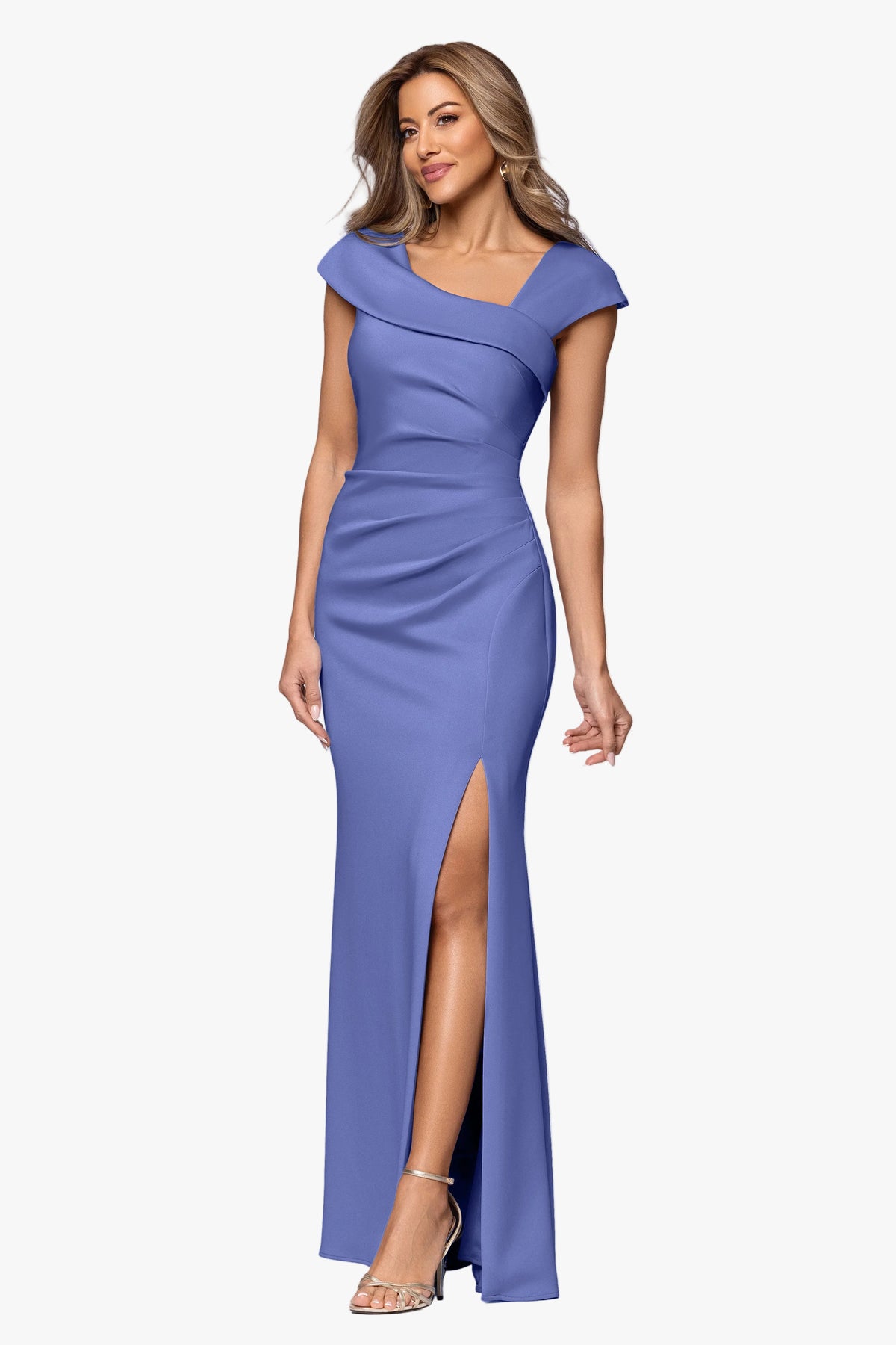 Petite "Lenore" Techno Scuba Asymmetrical Neckline Dress