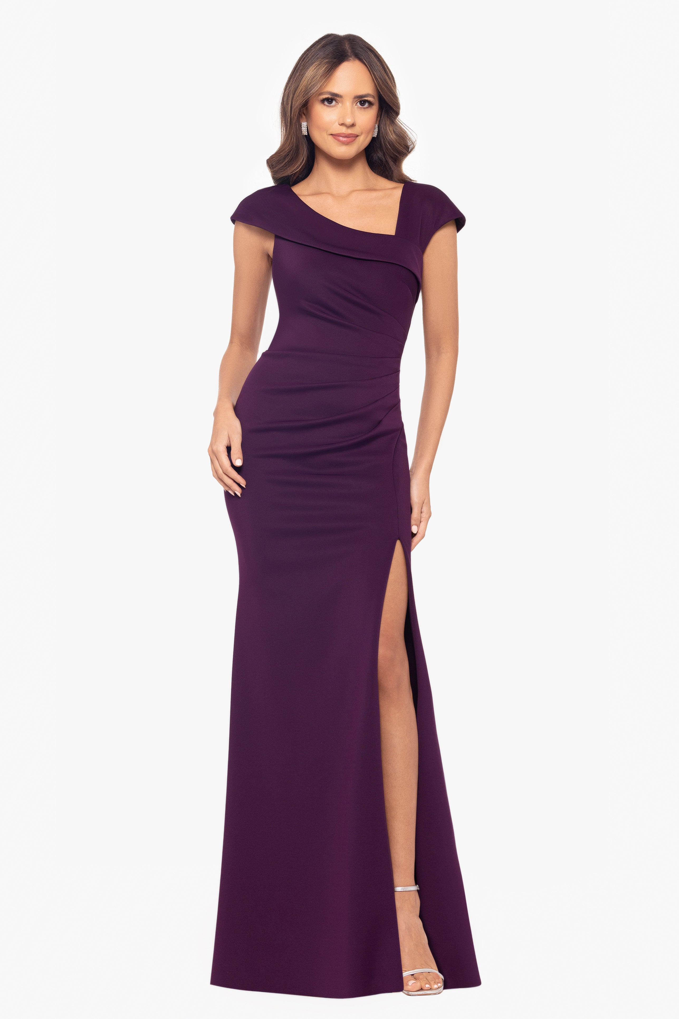 "Lenore " Long Asymmetrical Neckline Scuba Dress