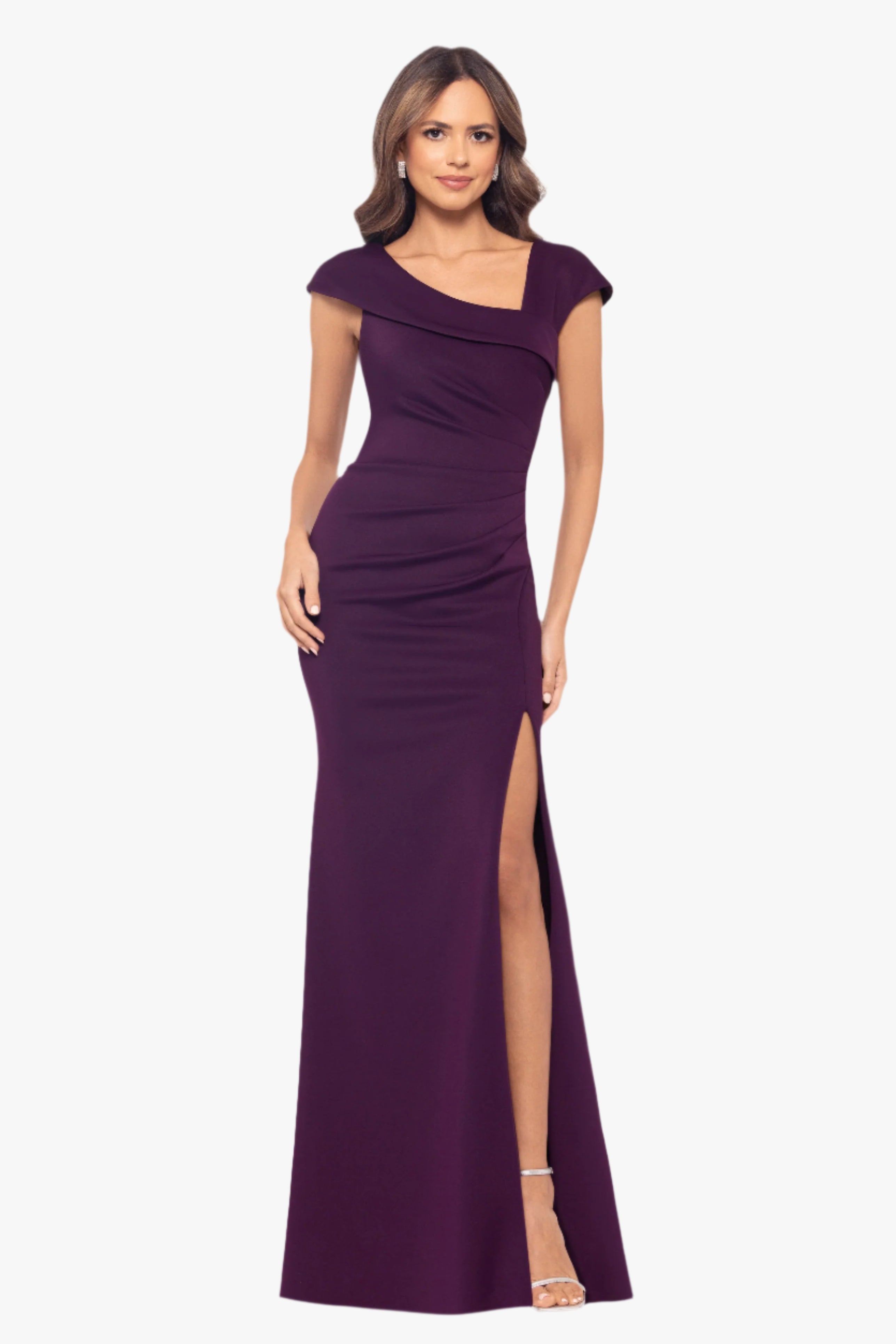 Petite "Lenore" Techno Scuba Asymmetrical Neckline Dress