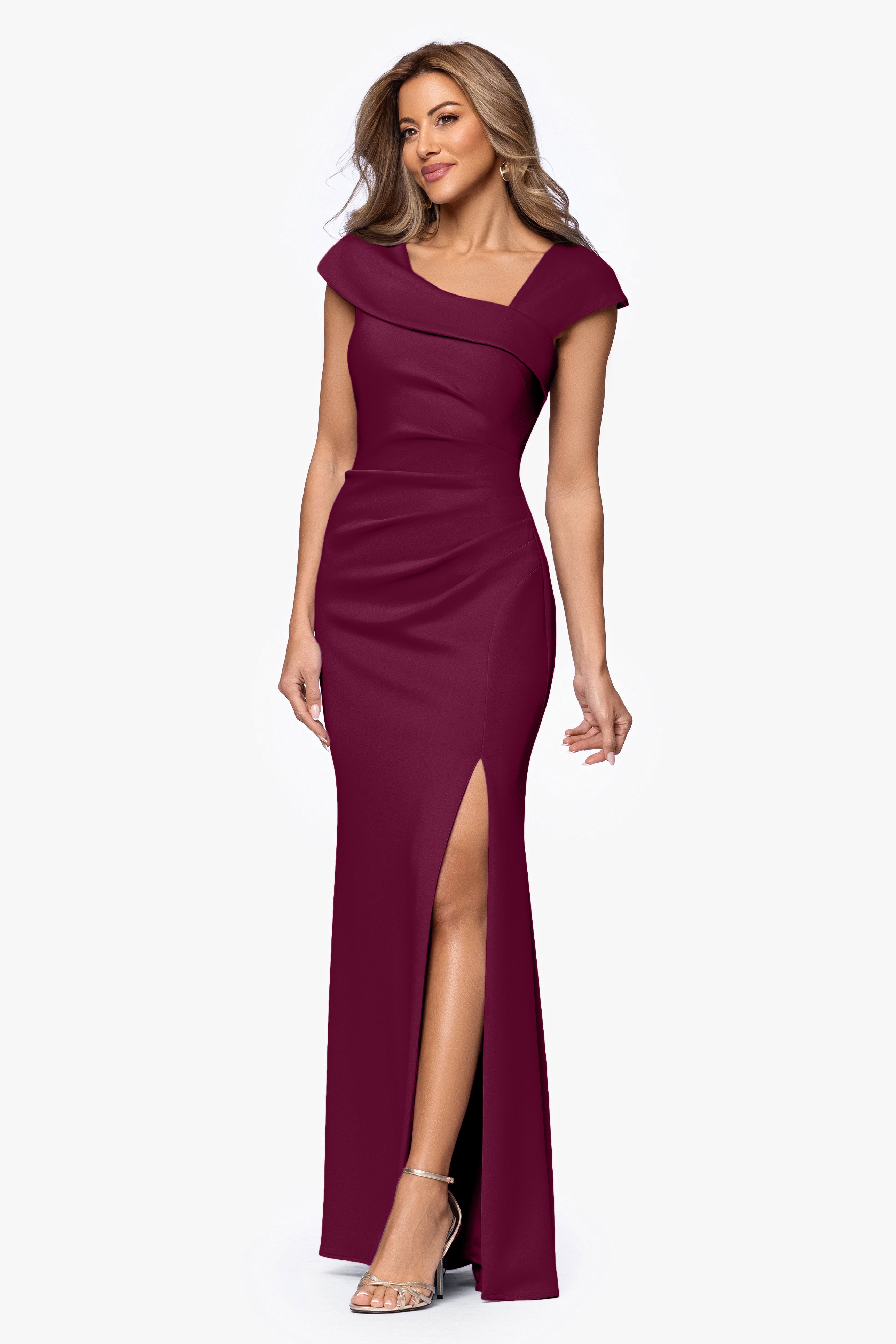 Petite "Lenore " Long Asymmetrical Neckline Techno Scuba Dress