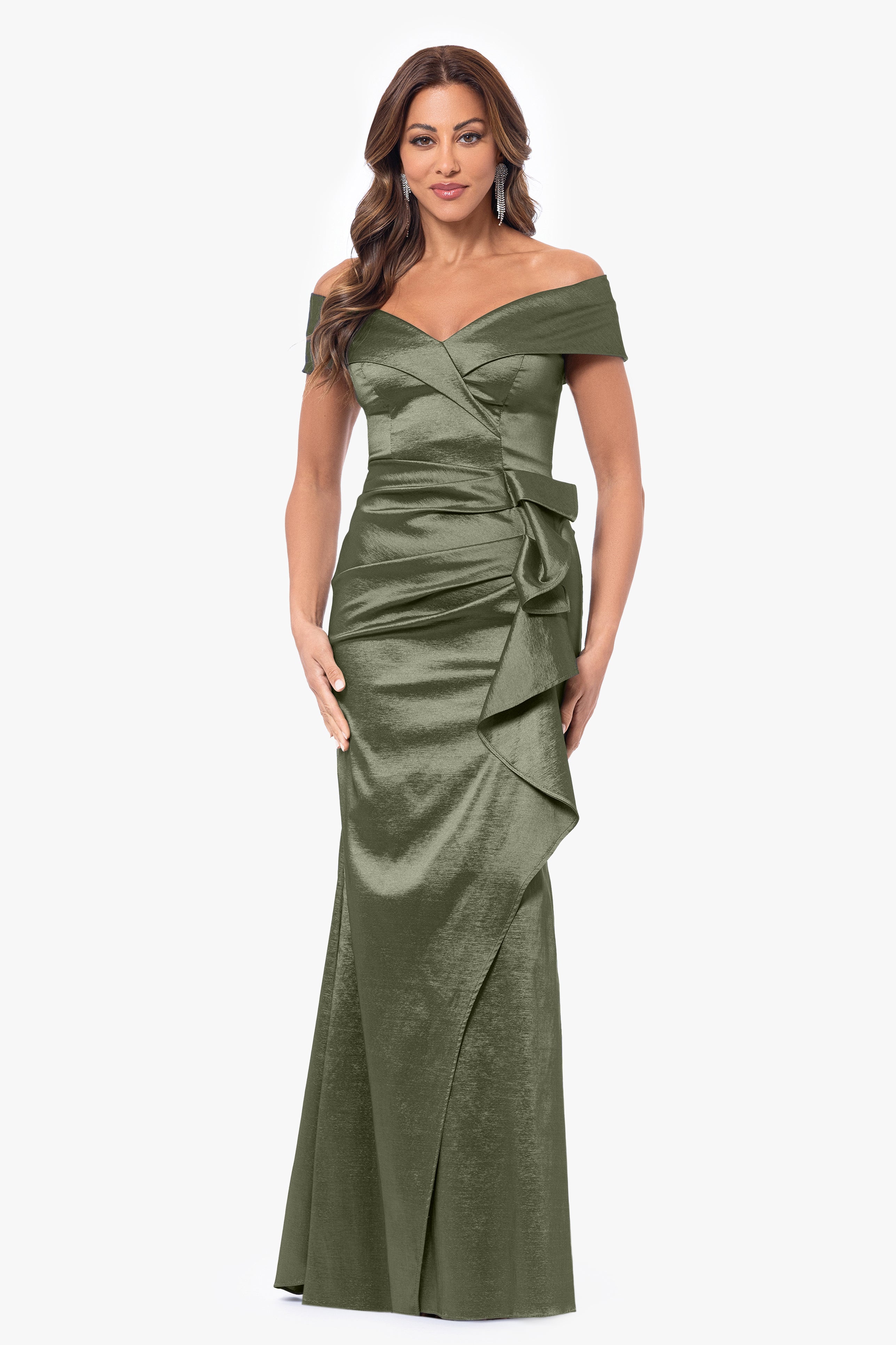 Petite "Olivia" Taffeta Off the Shoulder Sweetheart Neckline Floor Length Dress