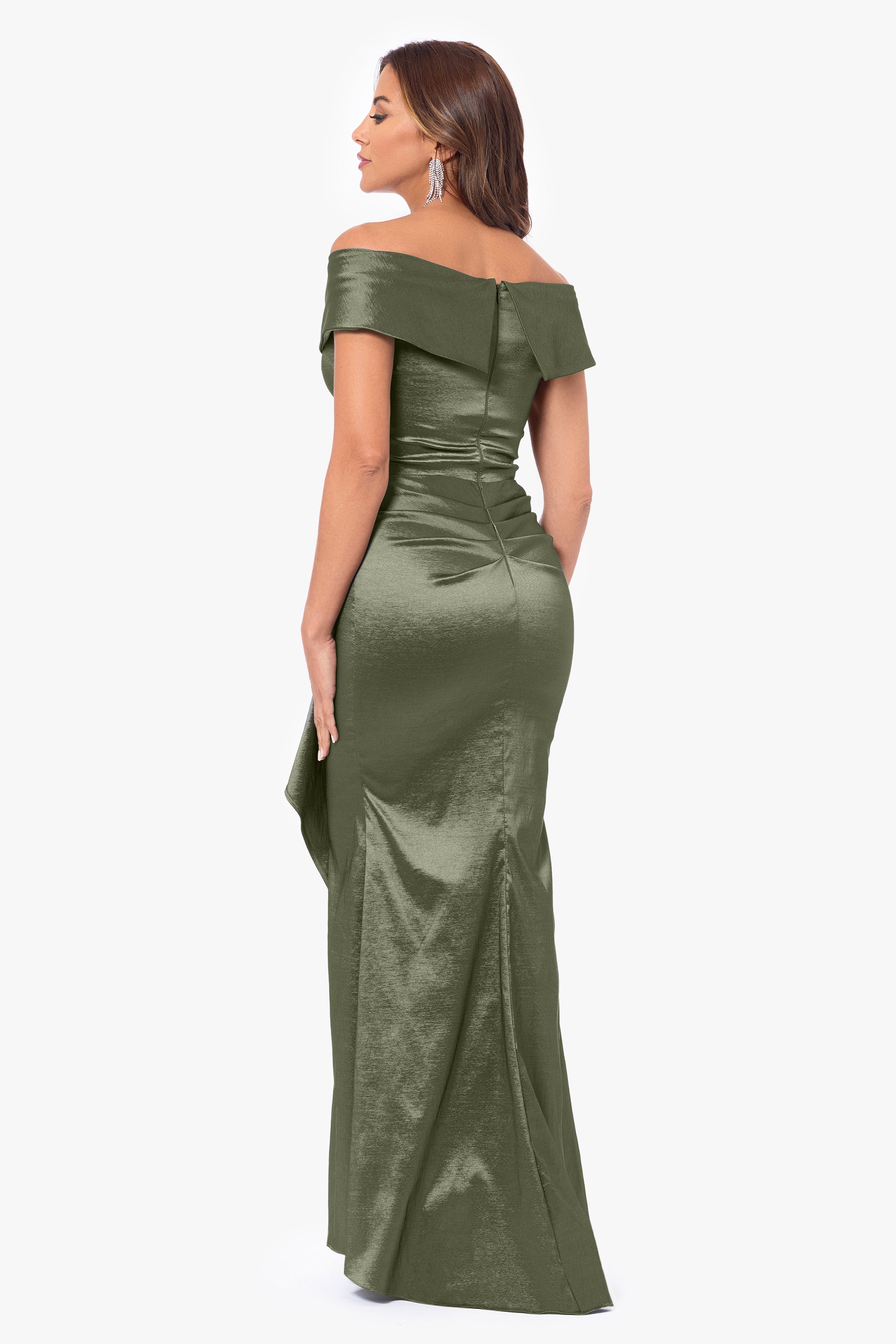 Petite "Olivia" Taffeta Off the Shoulder Sweetheart Neckline Floor Length Dress