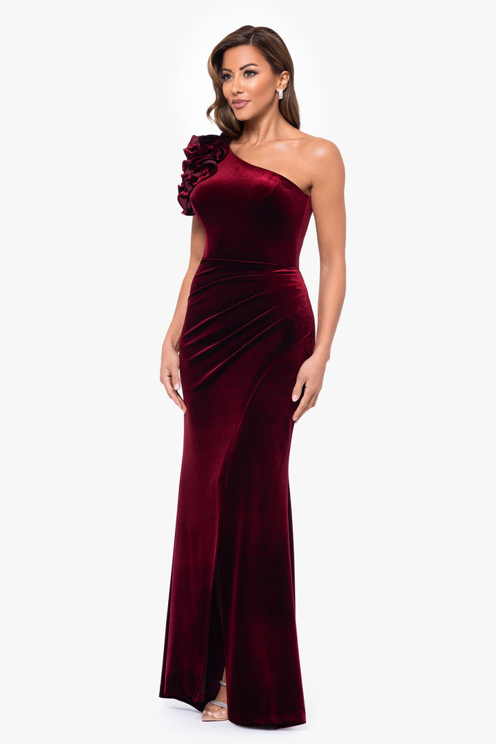 "Kristin" Long Velvet Ruffle One Shoulder Dress