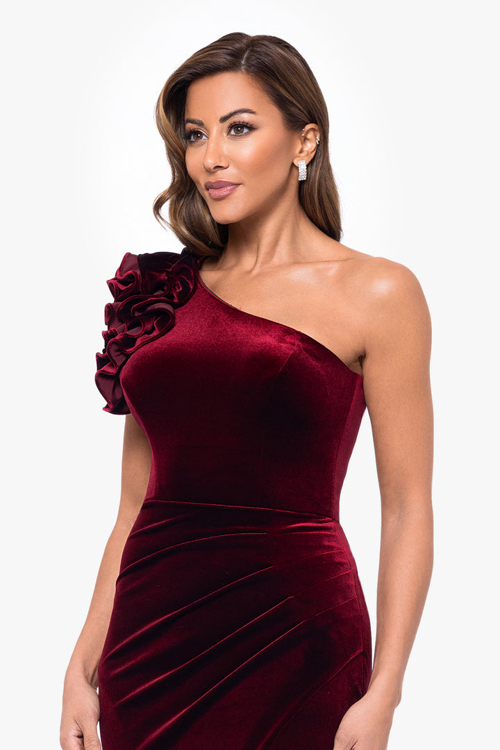 "Kristin" Long Velvet Ruffle One Shoulder Dress