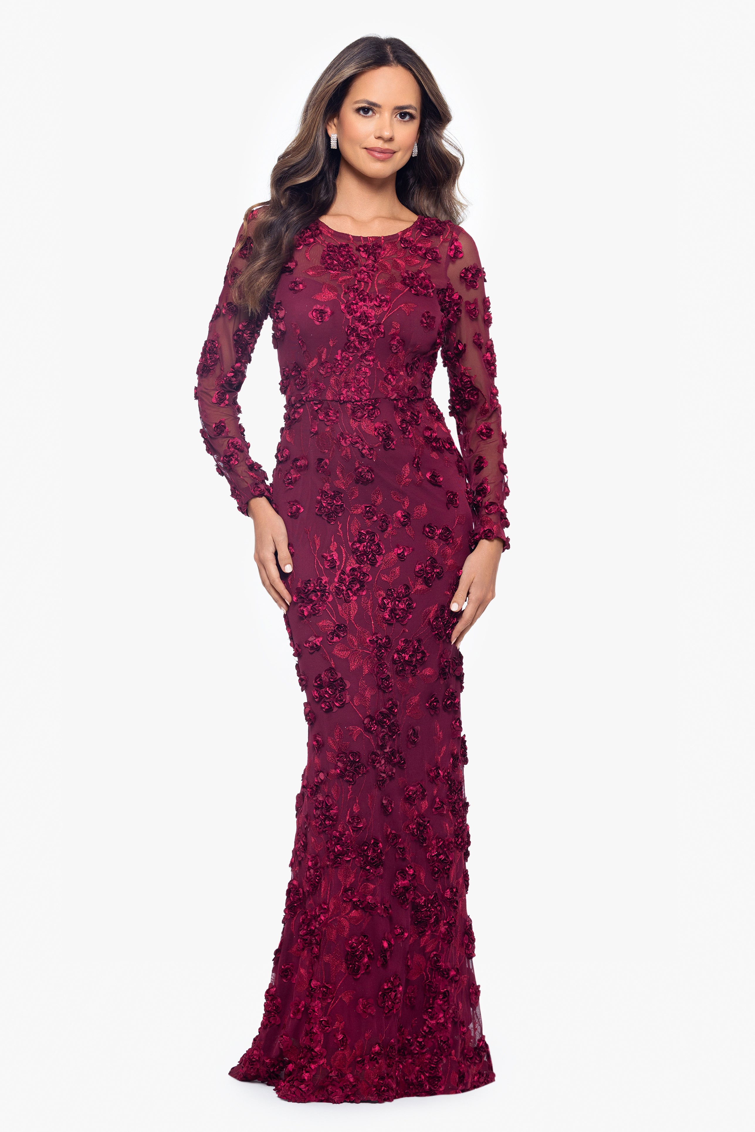 Petite "Ruby" Raised Flowers Long Sleeve Dress