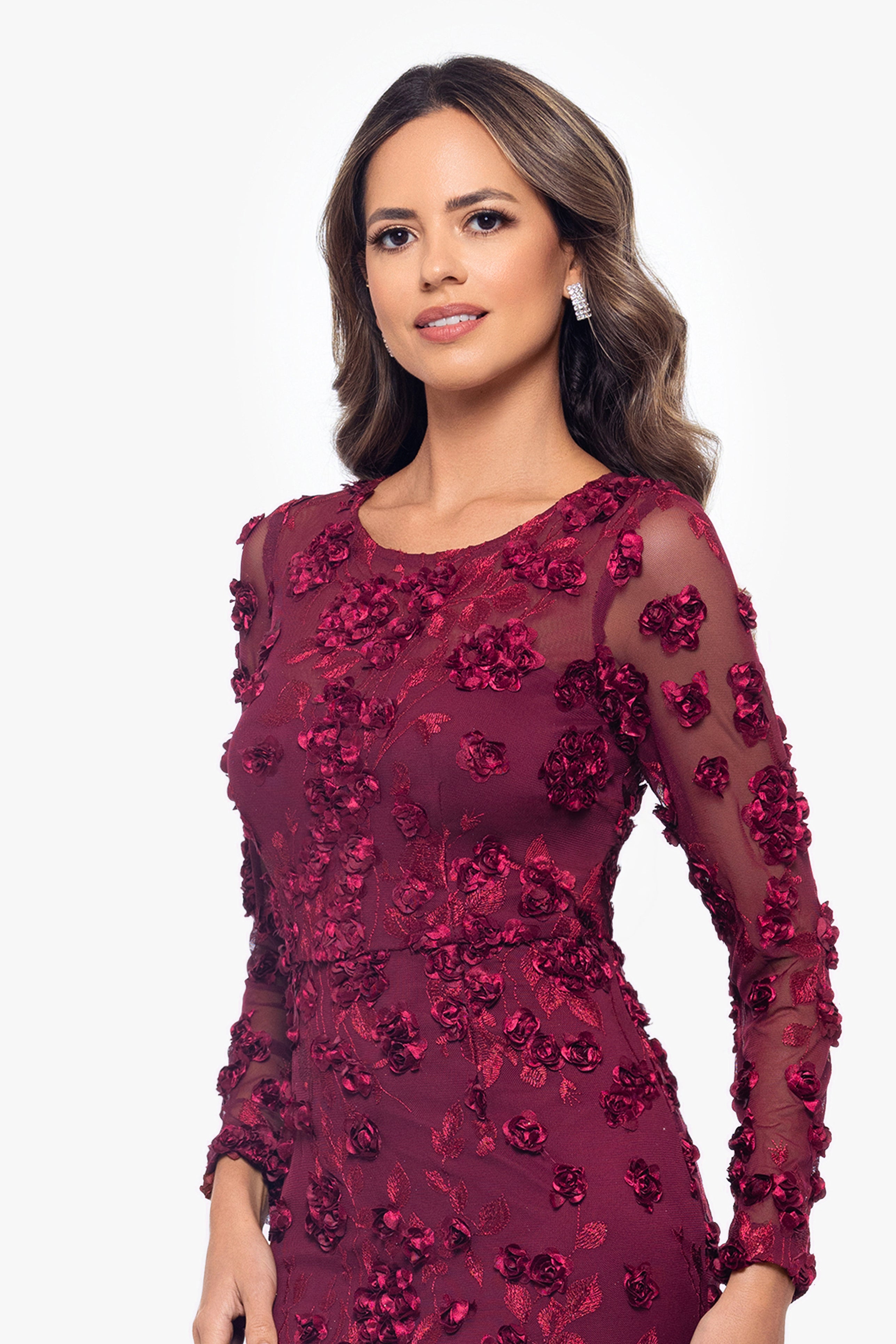 Petite "Ruby" Raised Flowers Long Sleeve Dress