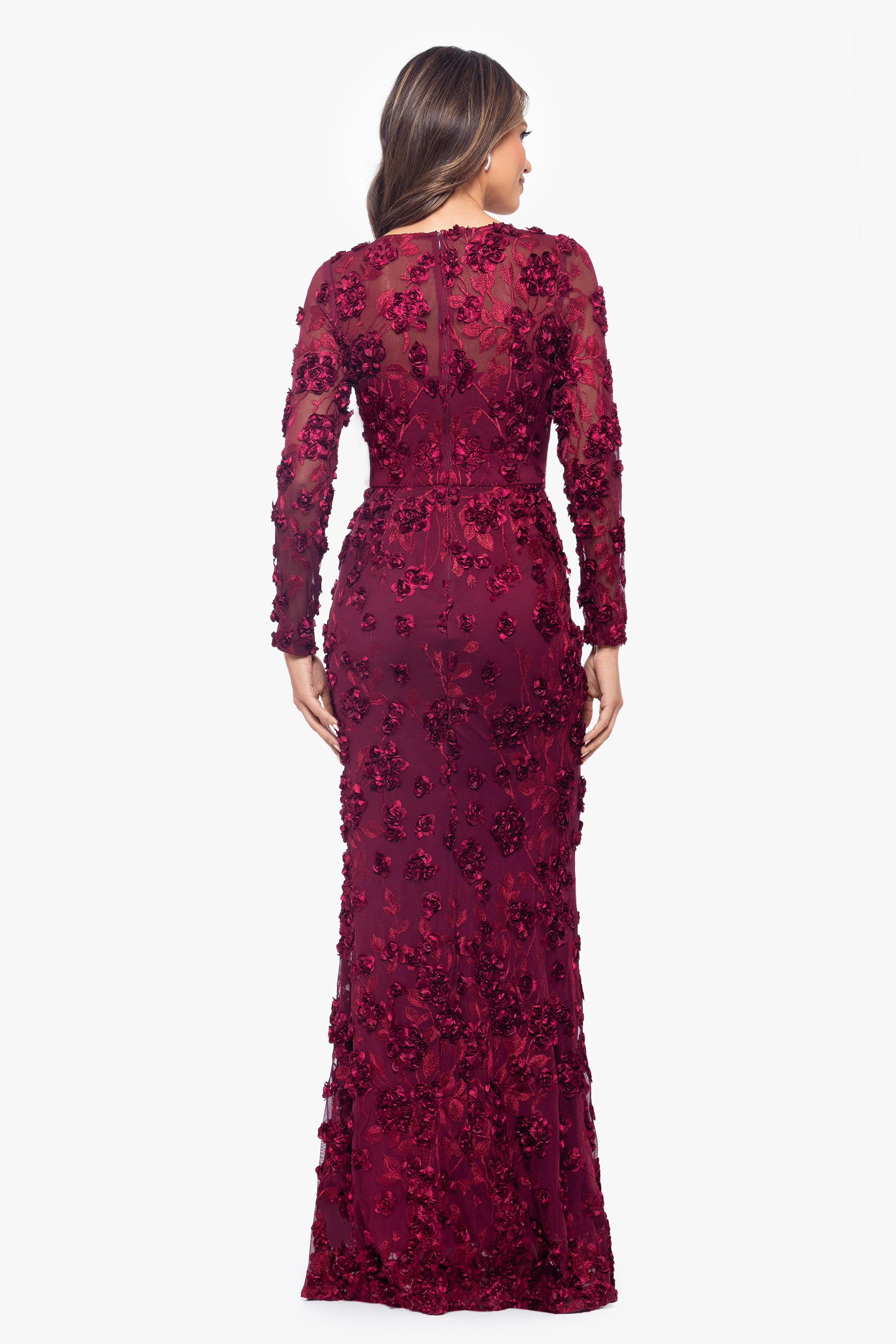 Petite "Ruby" Raised Flowers Long Sleeve Dress