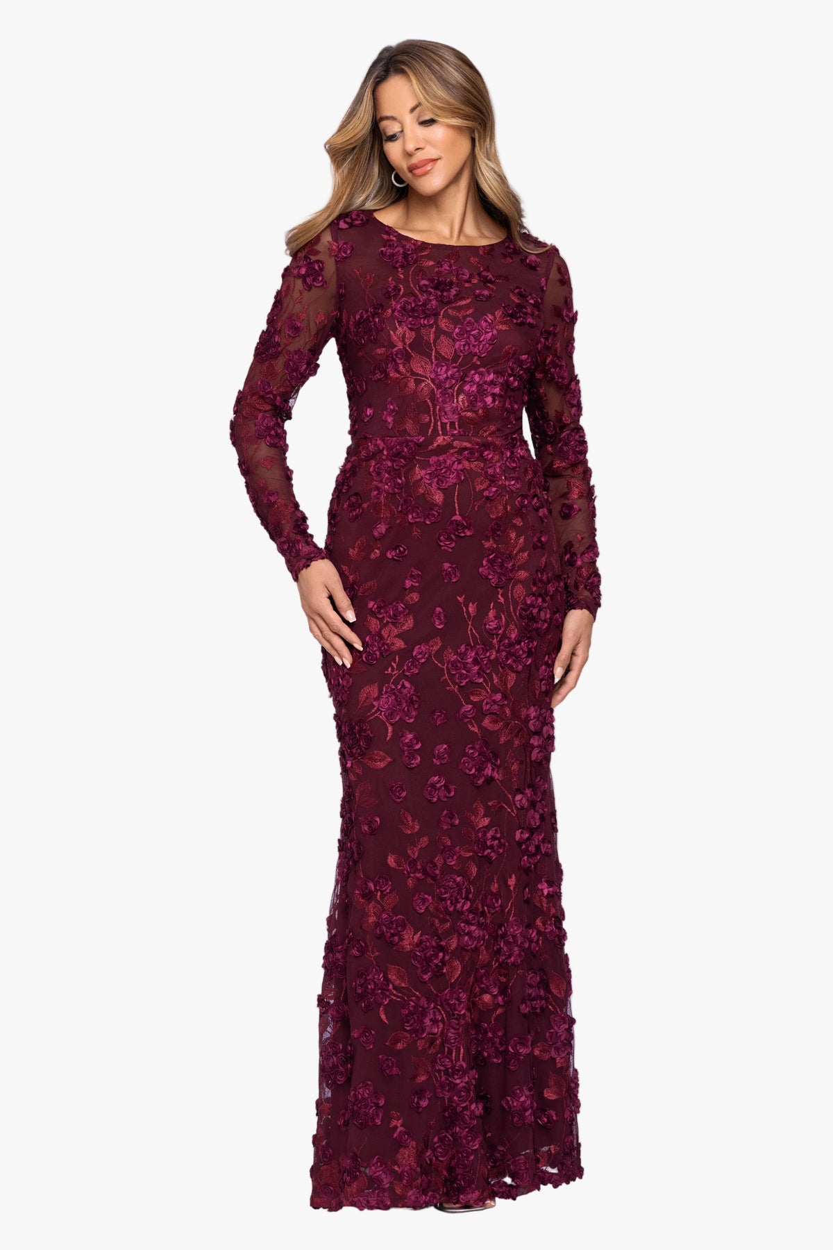 "Ruby" Raised Flowers Long Sleeve Dress