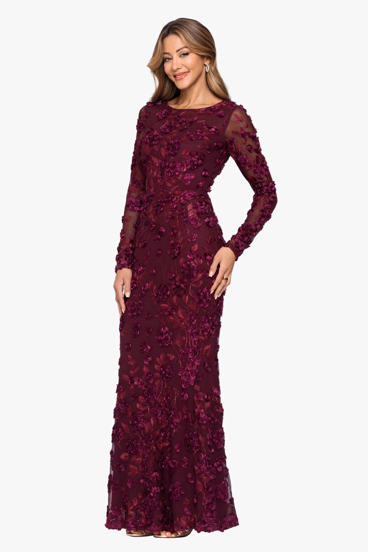 "Ruby" Raised Flowers Long Sleeve Dress