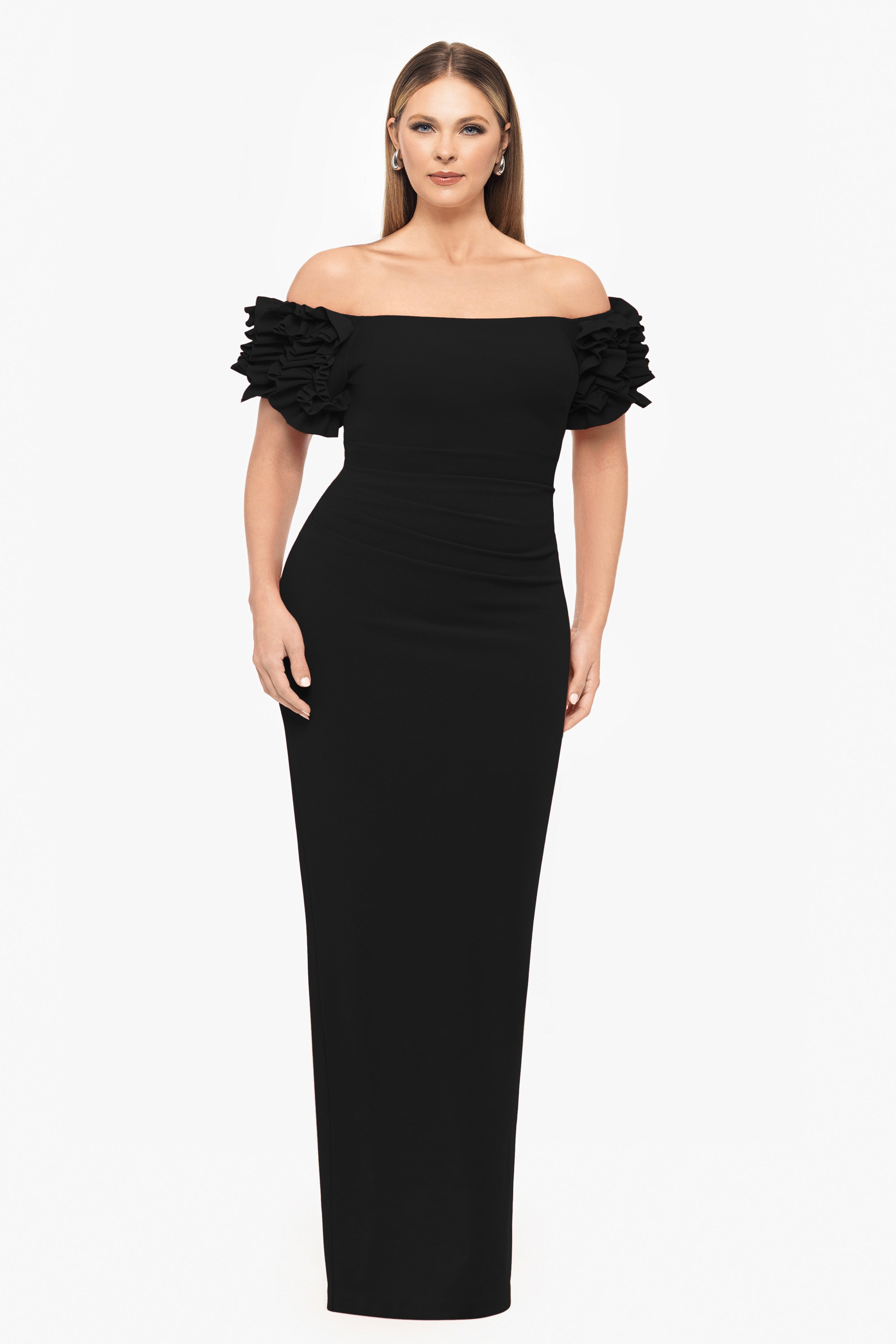 Plus "Karla" Long Off the Shoulder Scuba Crepe Ruffle Sleeve Dress