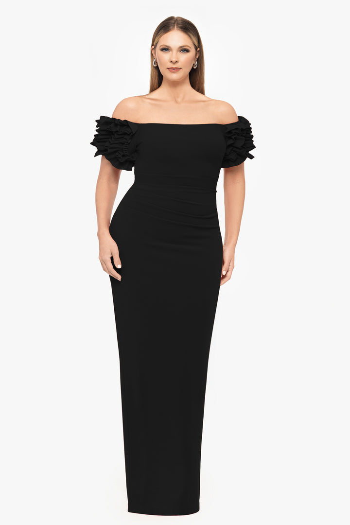 "Karla" Long Off the Shoulder Scuba Crepe Ruffle Sleeve Dress