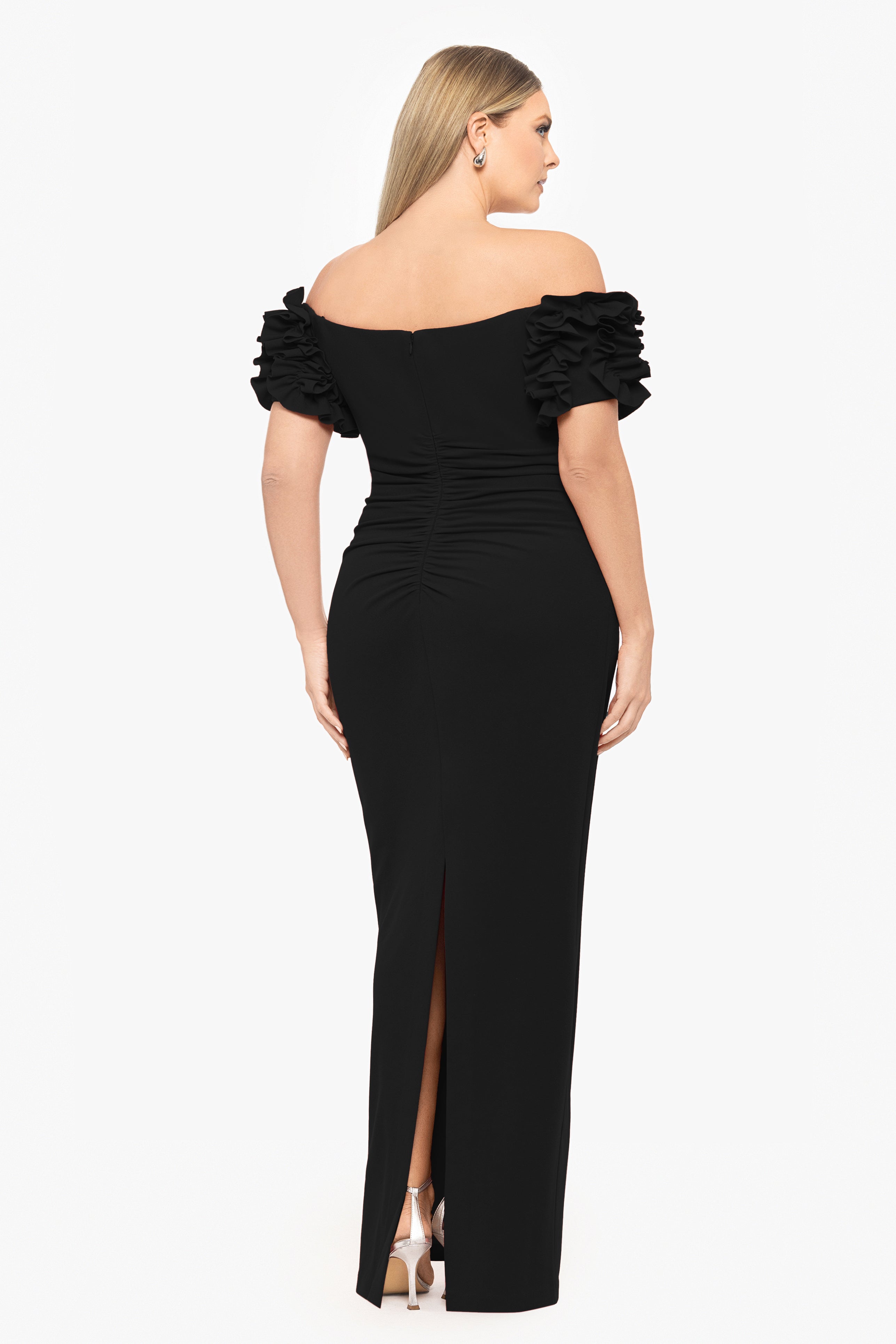 Plus "Karla" Long Off the Shoulder Scuba Crepe Ruffle Sleeve Dress